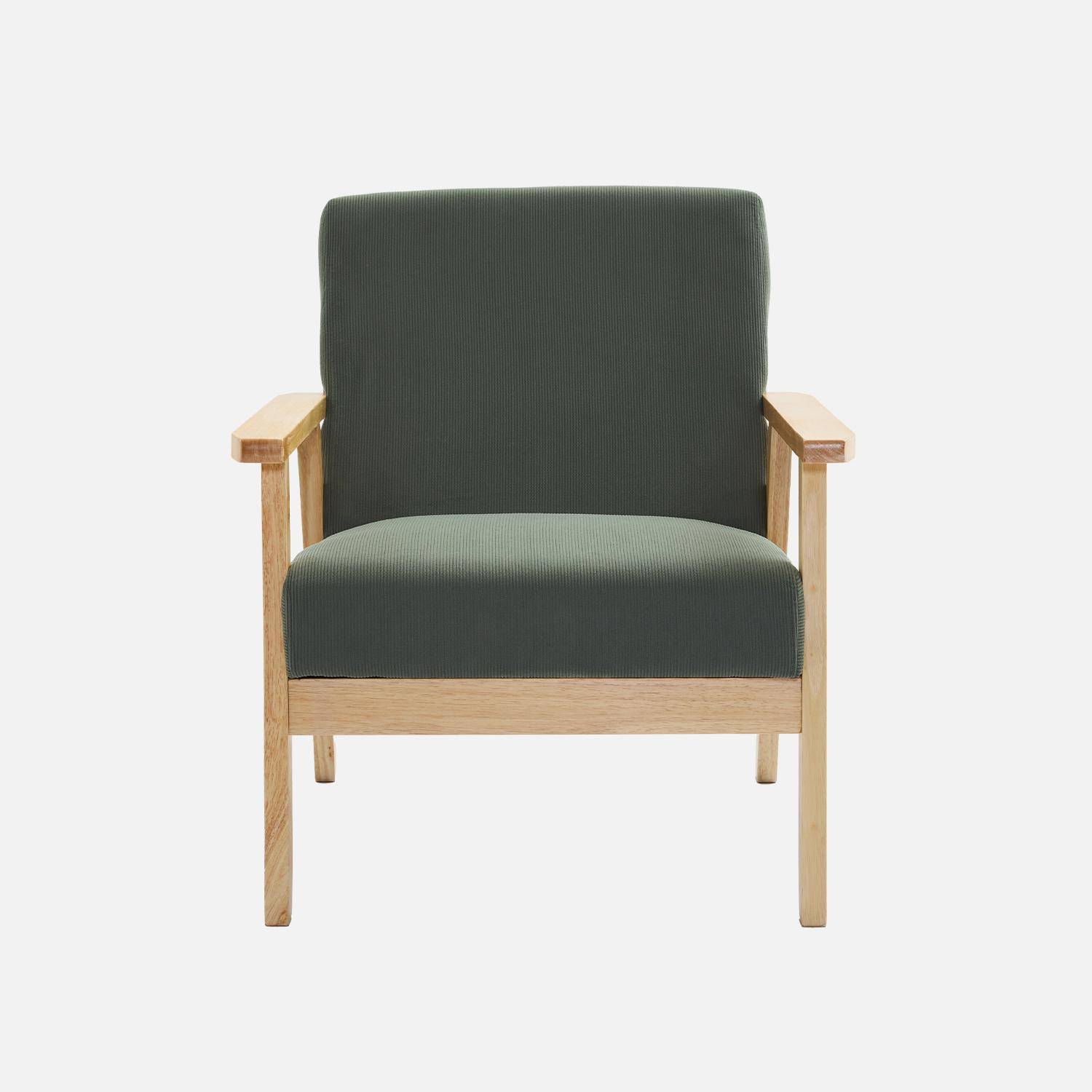 Fauteuil vintage / scandinave structure en bois et contreplaqué et assise en velours côtelé vert kaki Photo2