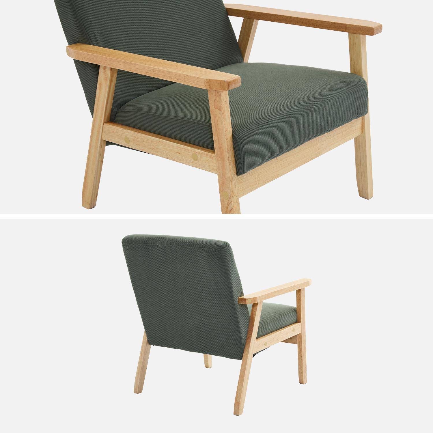 Fauteuil vintage / scandinave structure en bois et contreplaqué et assise en velours côtelé vert kaki Photo3