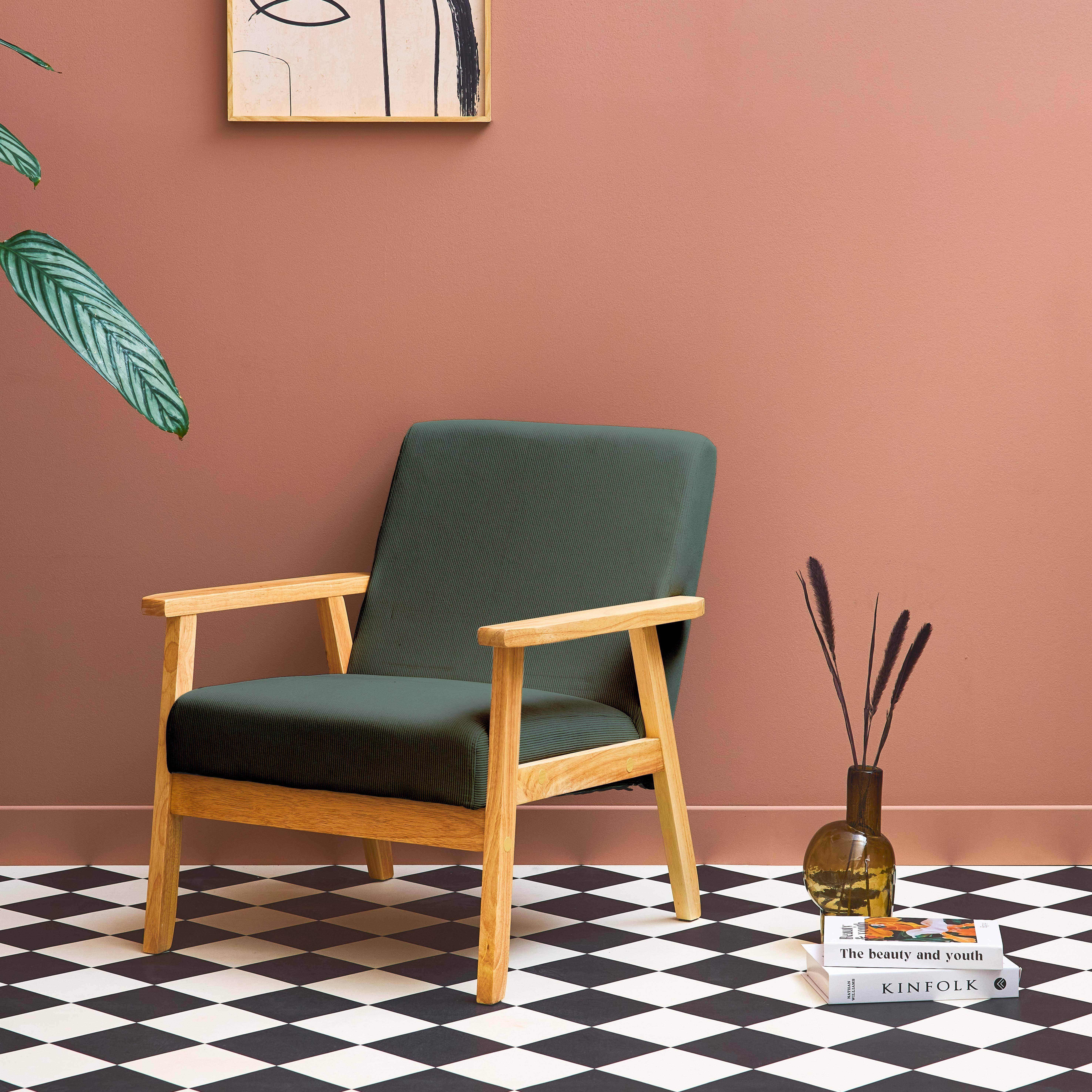 Fauteuil vintage / scandinave structure en bois et contreplaqué et assise en velours côtelé vert kaki Photo1