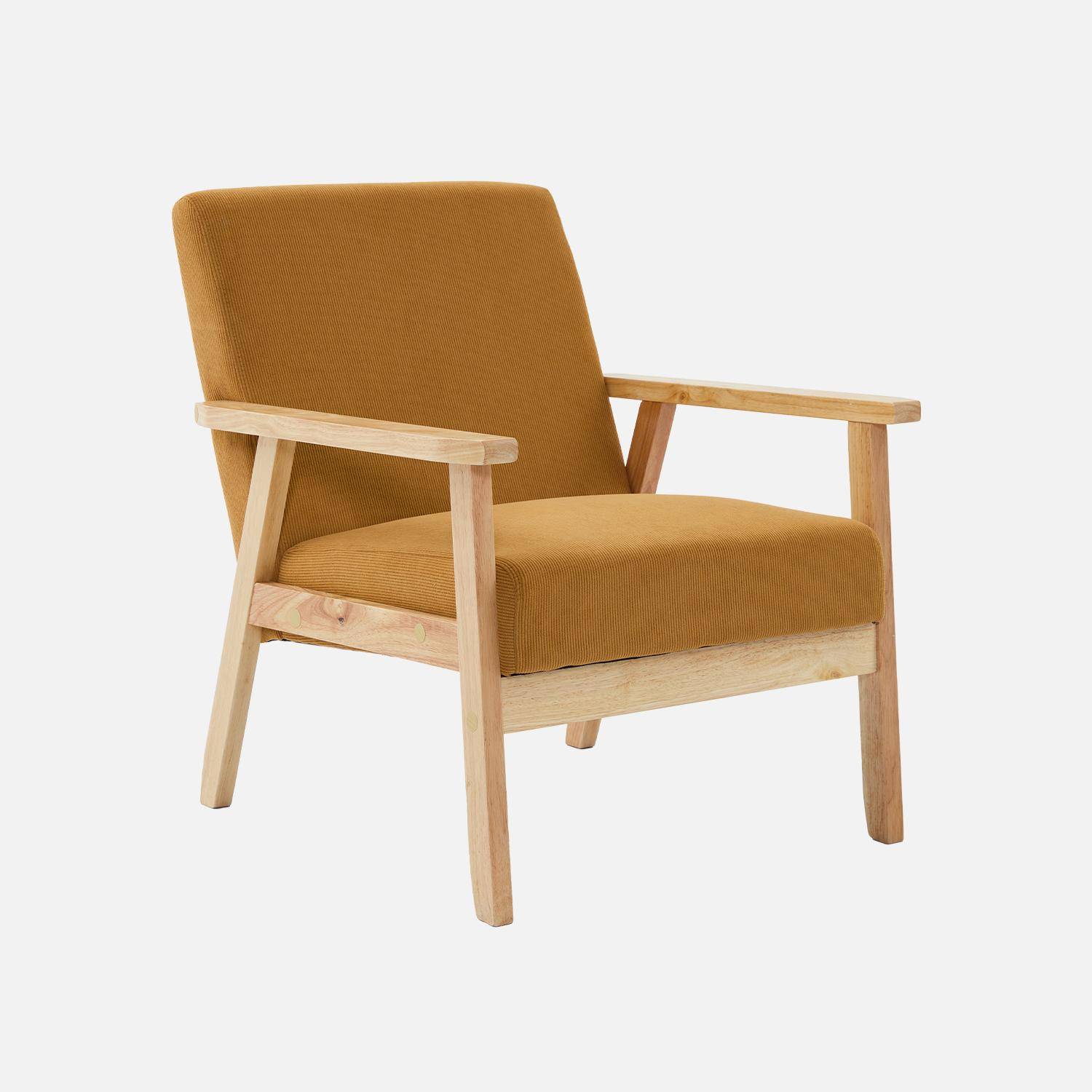 Fauteuil vintage / scandinave structure en bois et contreplaqué et assise en velours côtelé coloris moutarde Photo1