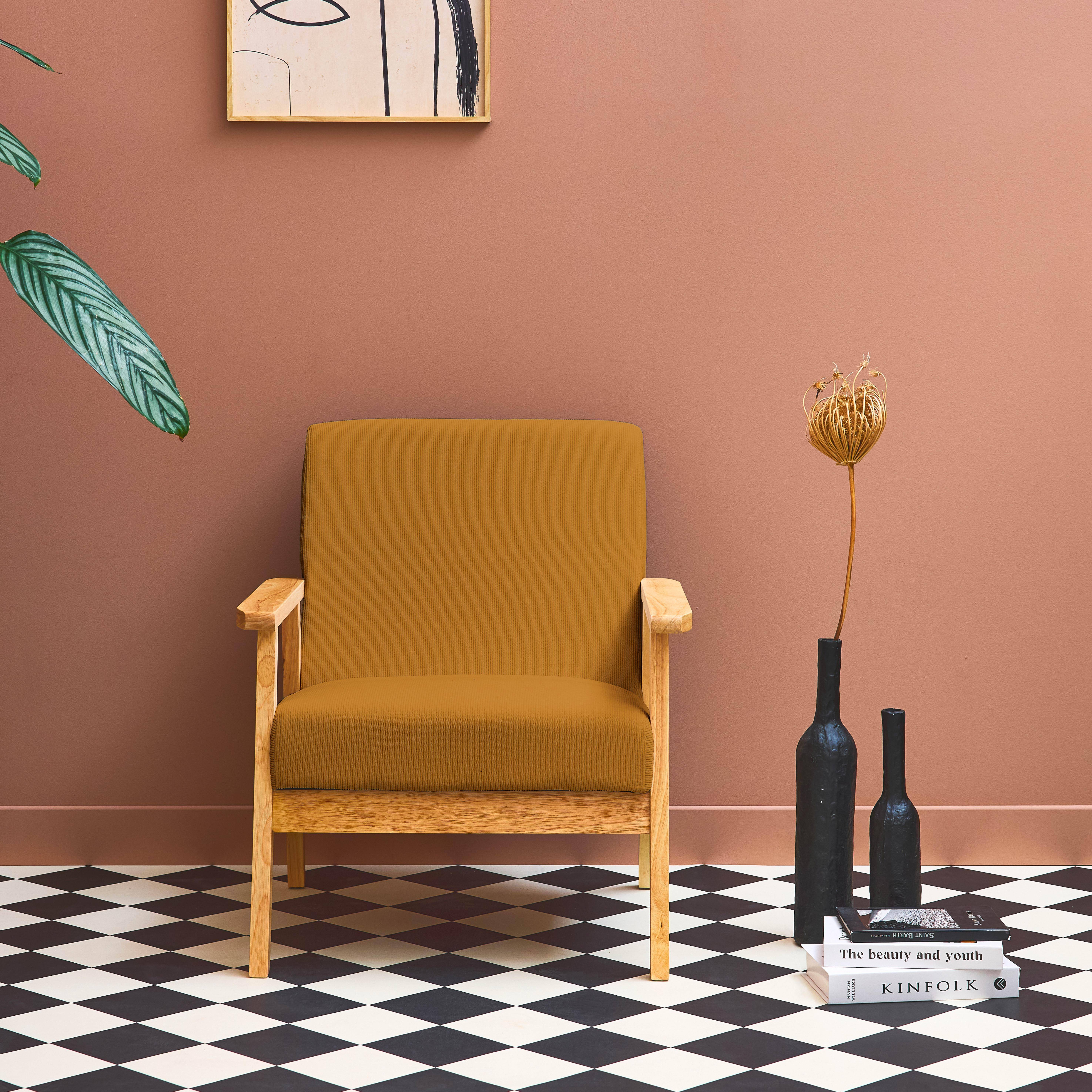 Vintage / Scandinavische fauteuil met houten en multiplex frame en mosterdkleurige ribfluwelen zitting Photo1