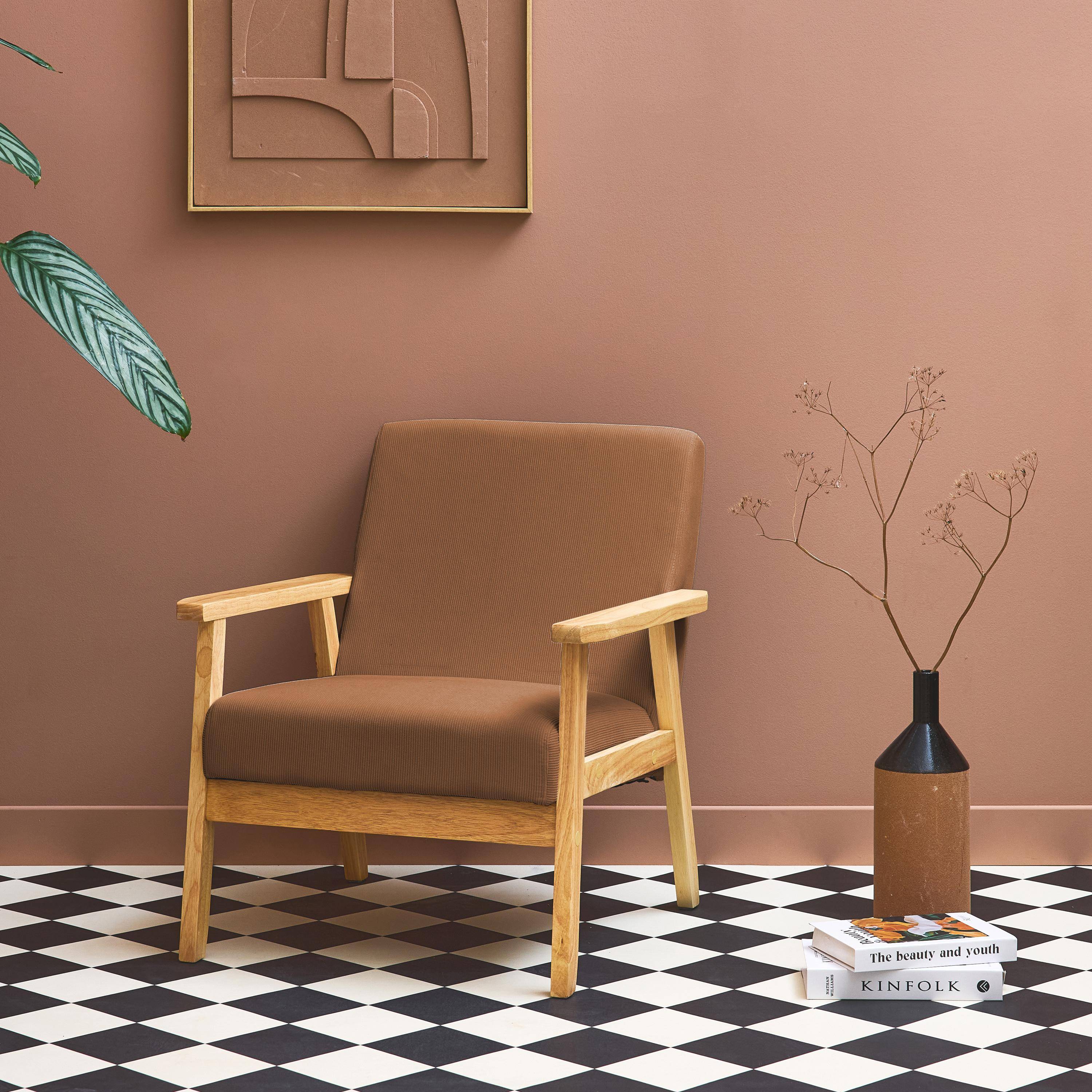 Fauteuil vintage / scandinave structure en bois et contreplaqué et assise en velours côtelé coloris marron Photo1