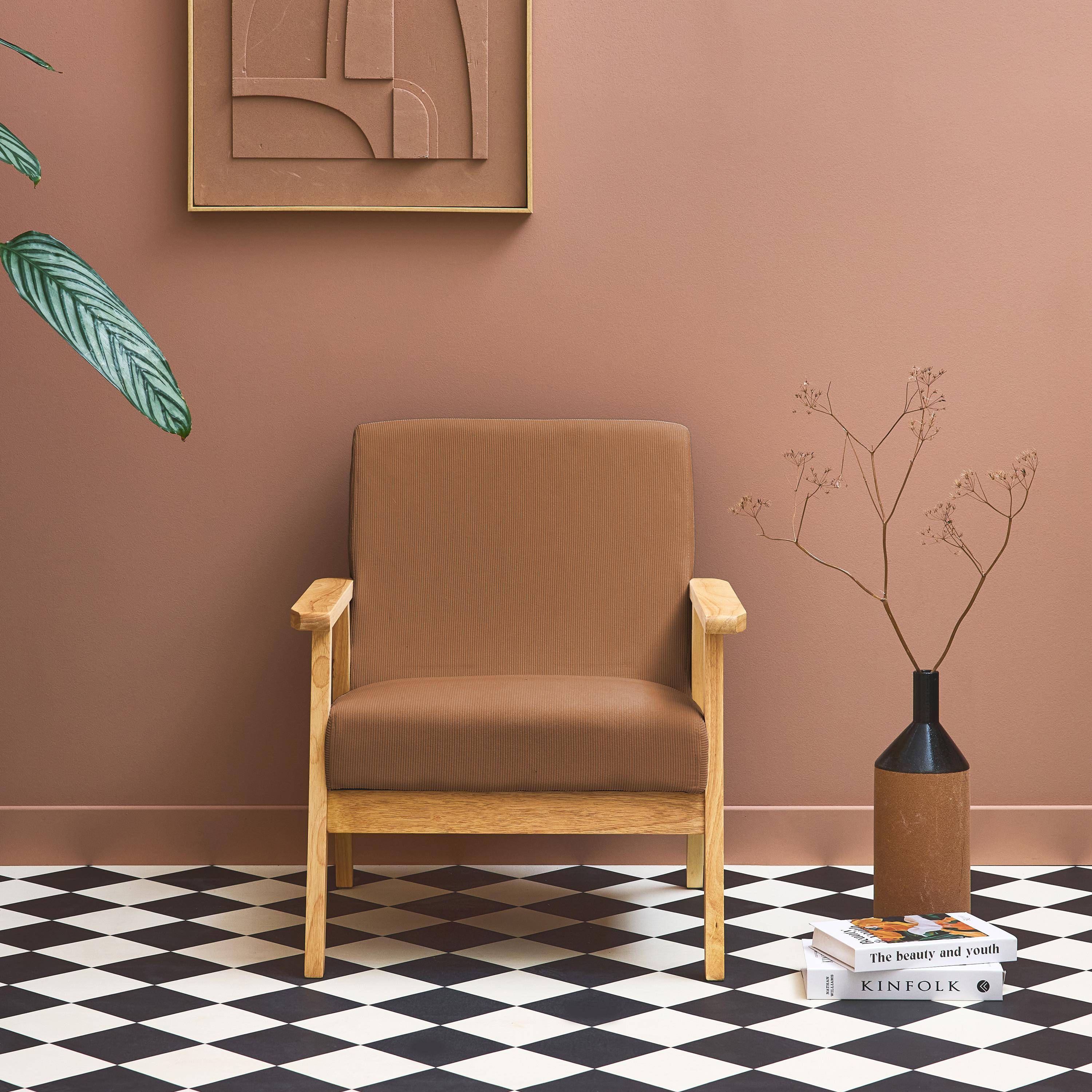 Fauteuil vintage / scandinave structure en bois et contreplaqué et assise en velours côtelé coloris marron Photo2