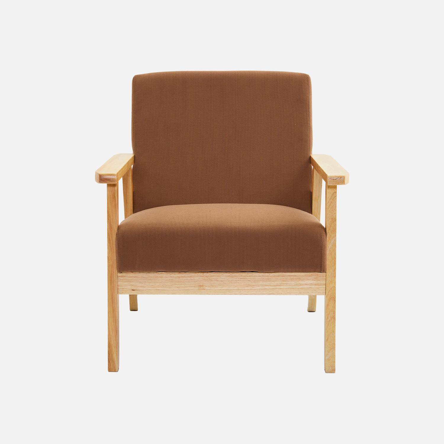 Fauteuil vintage / scandinave structure en bois et contreplaqué et assise en velours côtelé coloris marron Photo4