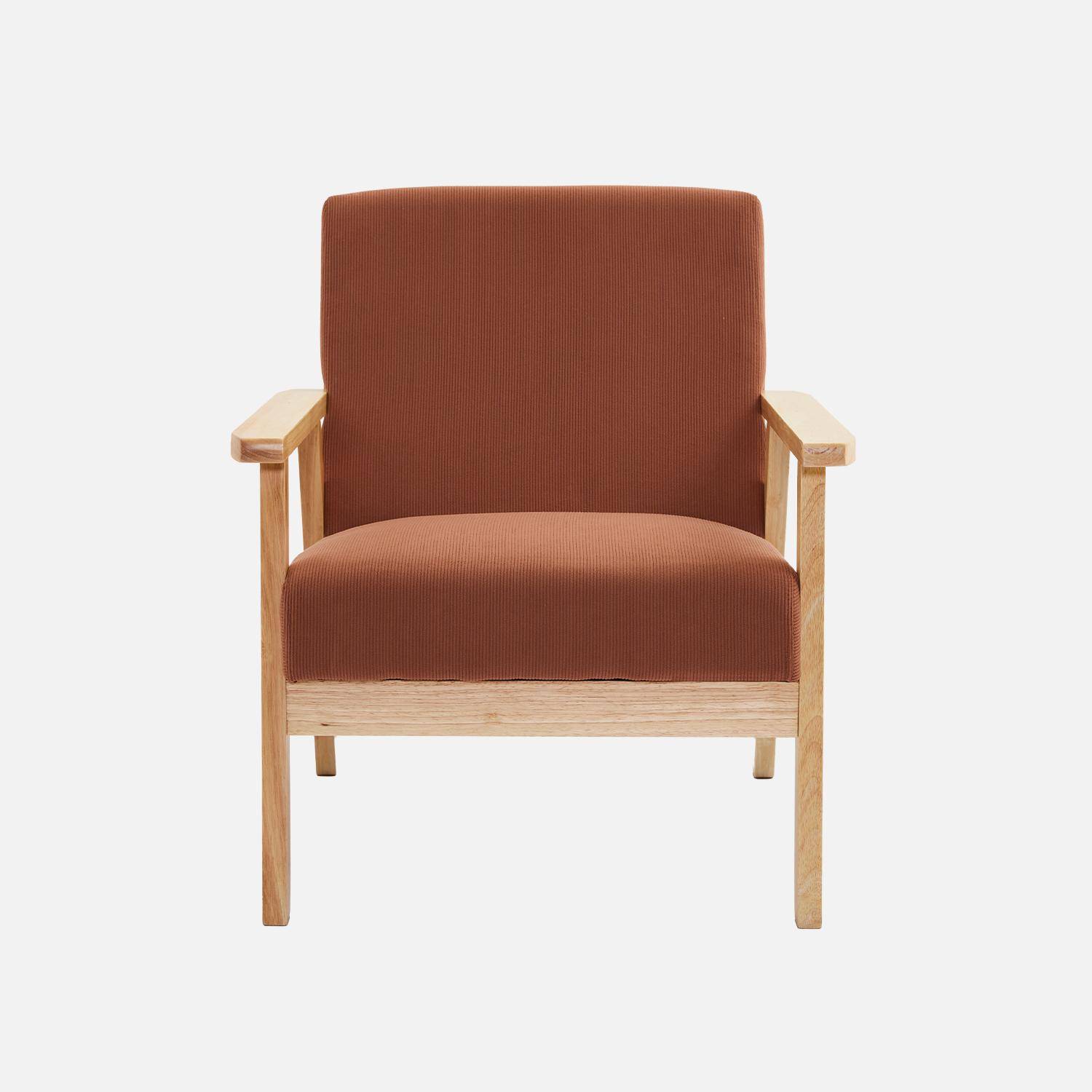 Fauteuil vintage / scandinave structure en bois et contreplaqué et assise en velours côtelé coloris marron Photo2