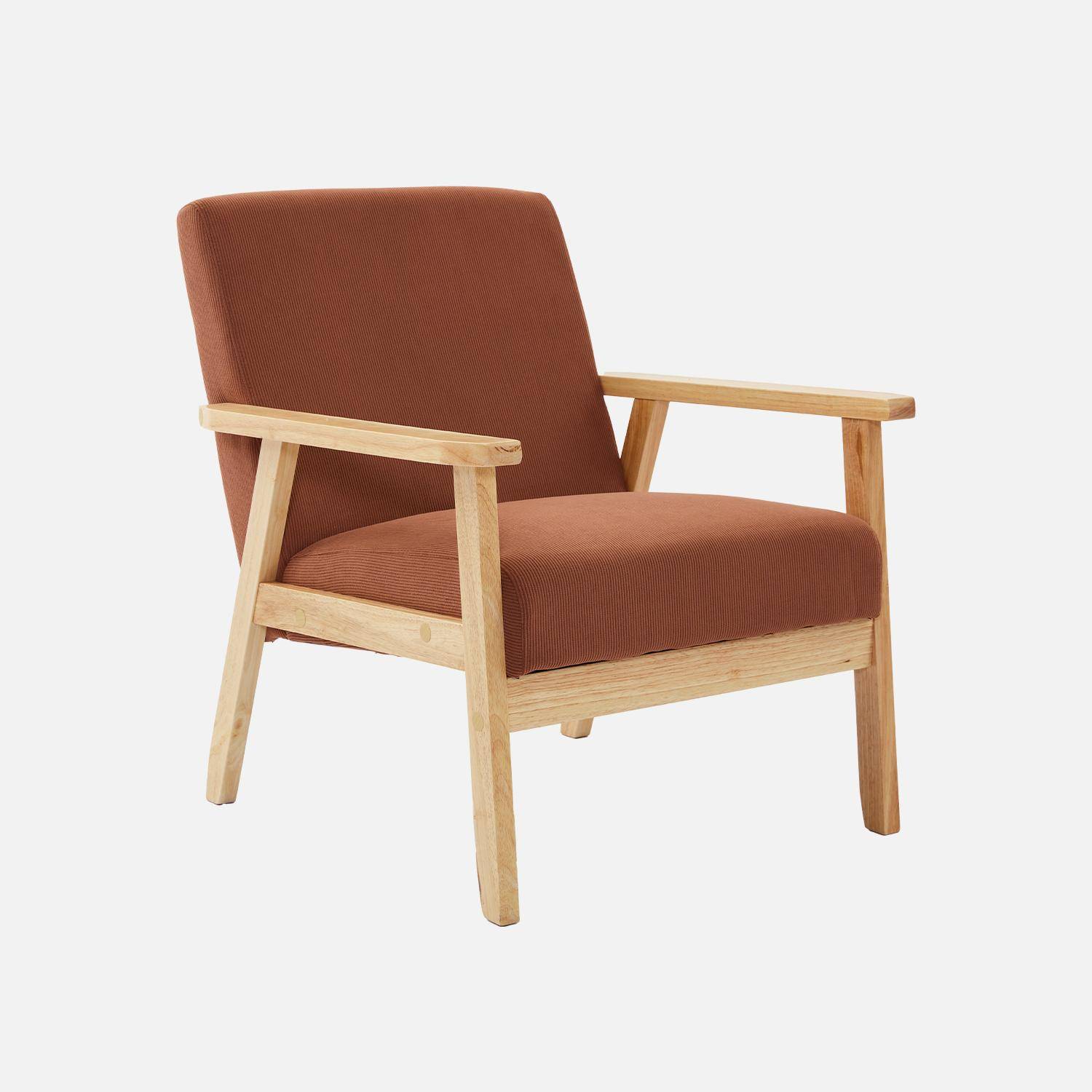 Fauteuil vintage / scandinave structure en bois et contreplaqué et assise en velours côtelé coloris marron,sweeek,Photo1