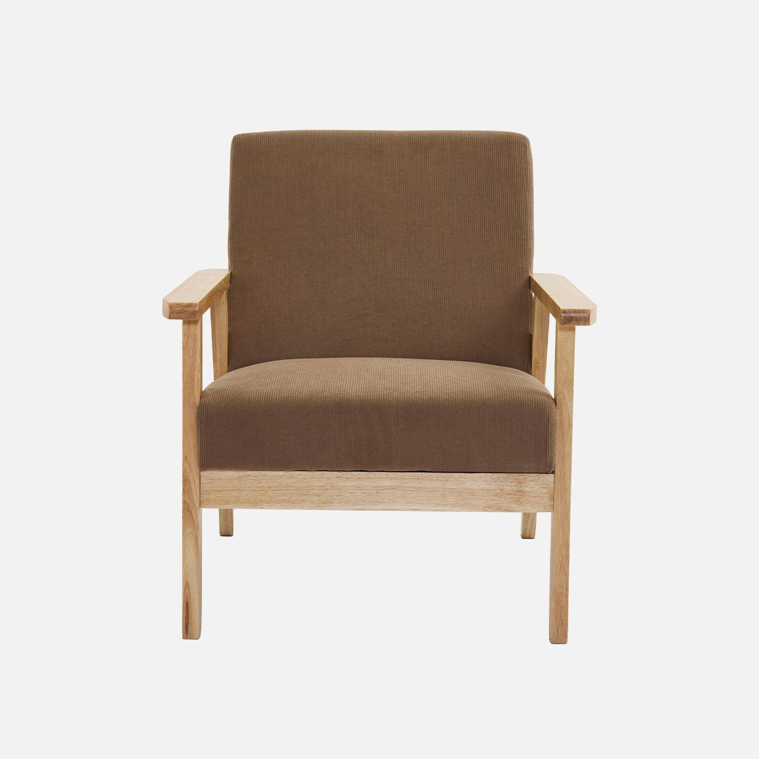 Fauteuil vintage / scandinave structure en bois et contreplaqué et assise en velours côtelé taupe Photo3