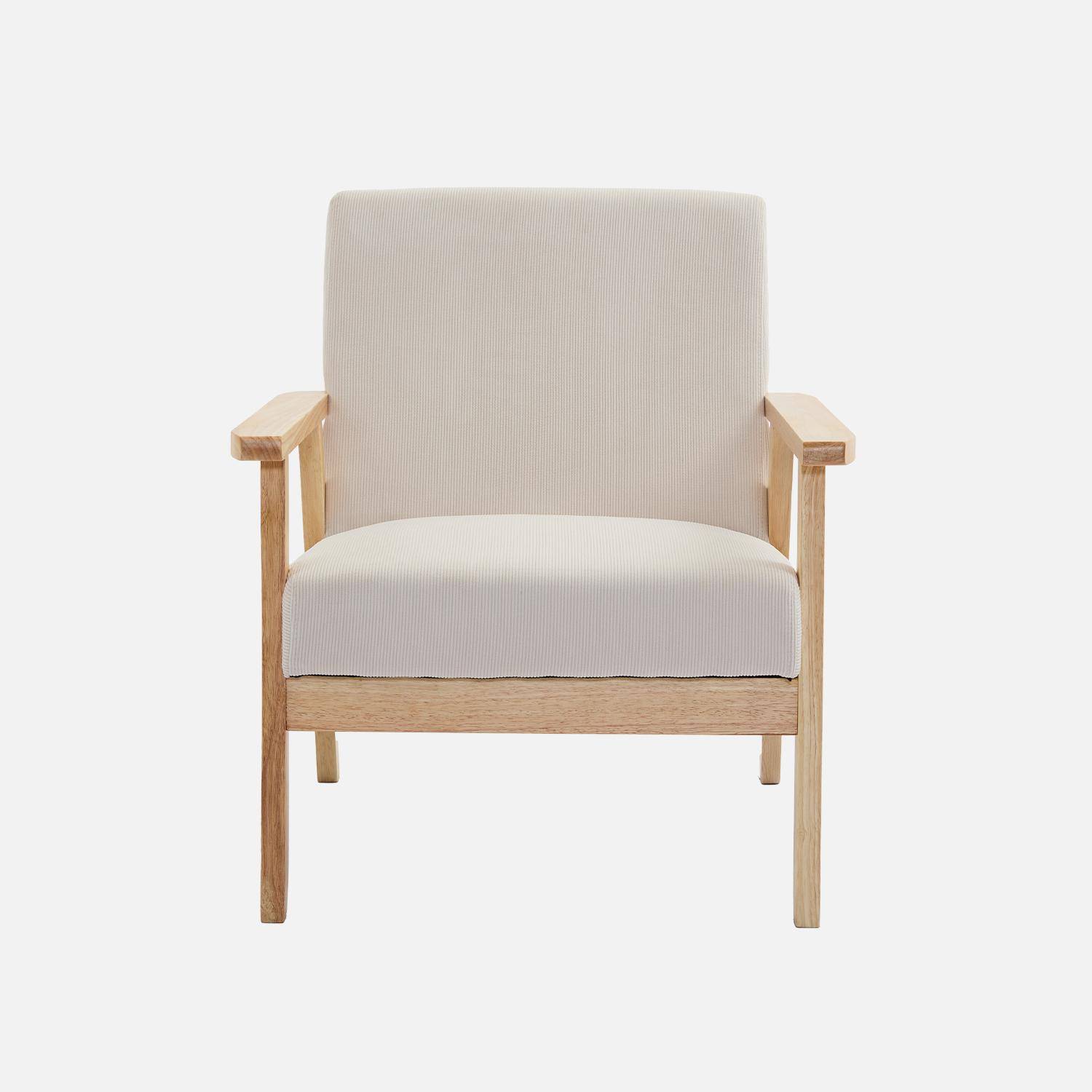 Fauteuil vintage / scandinave structure en bois et contreplaqué et assise en velours côtelé coloris blanc crème Photo2