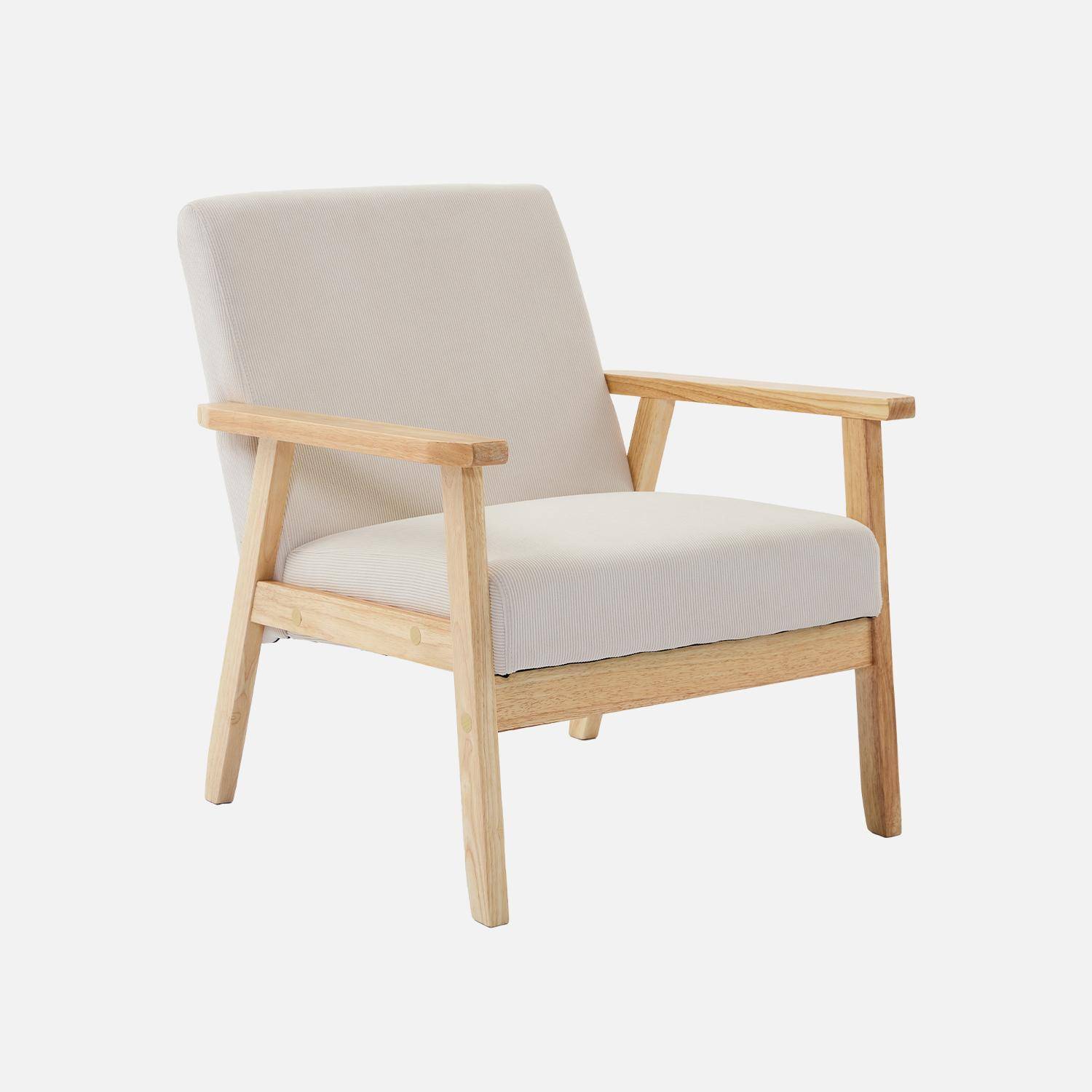 Fauteuil vintage / scandinave structure en bois et contreplaqué et assise en velours côtelé coloris blanc crème Photo1