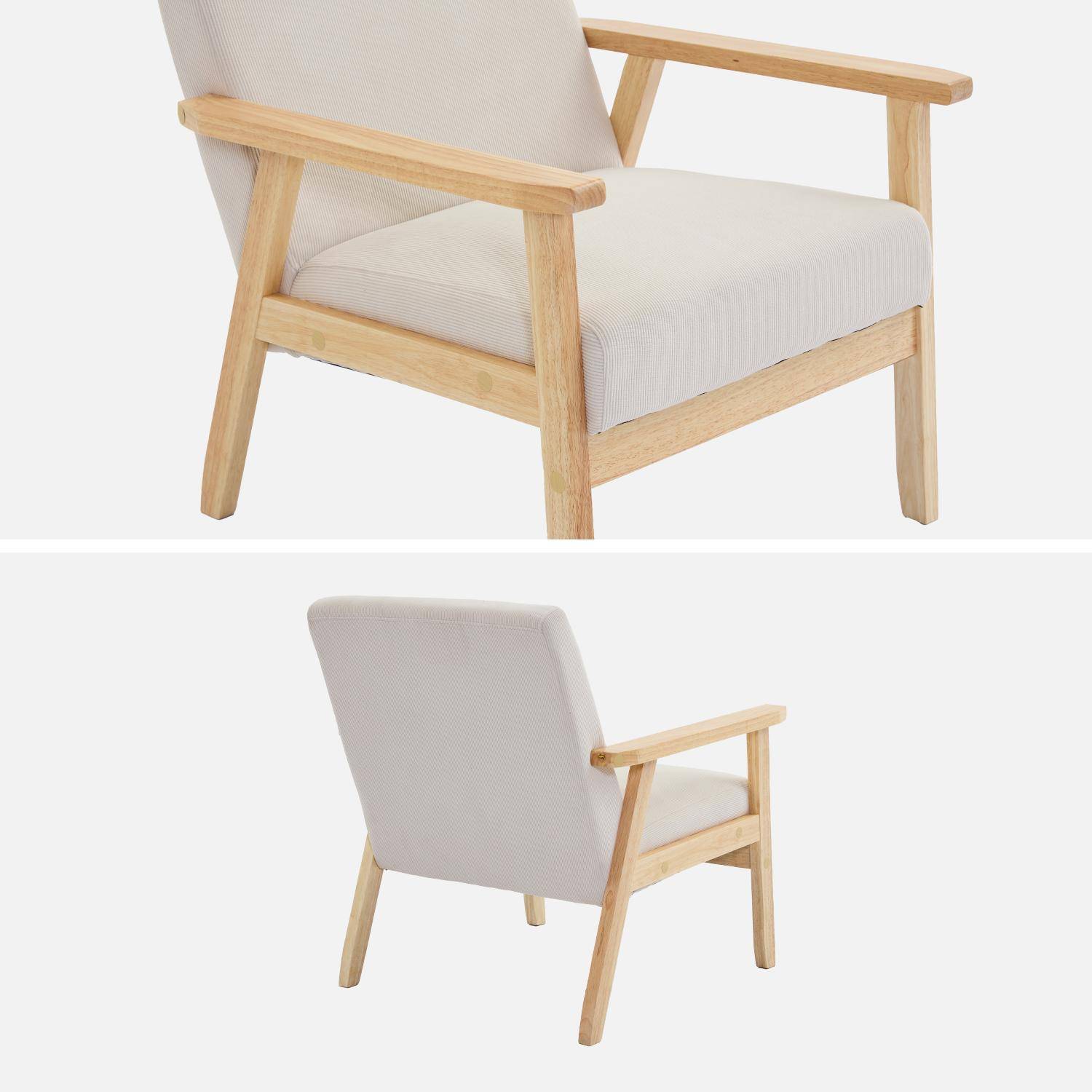 Fauteuil vintage / scandinave structure en bois et contreplaqué et assise en velours côtelé coloris blanc crème Photo3