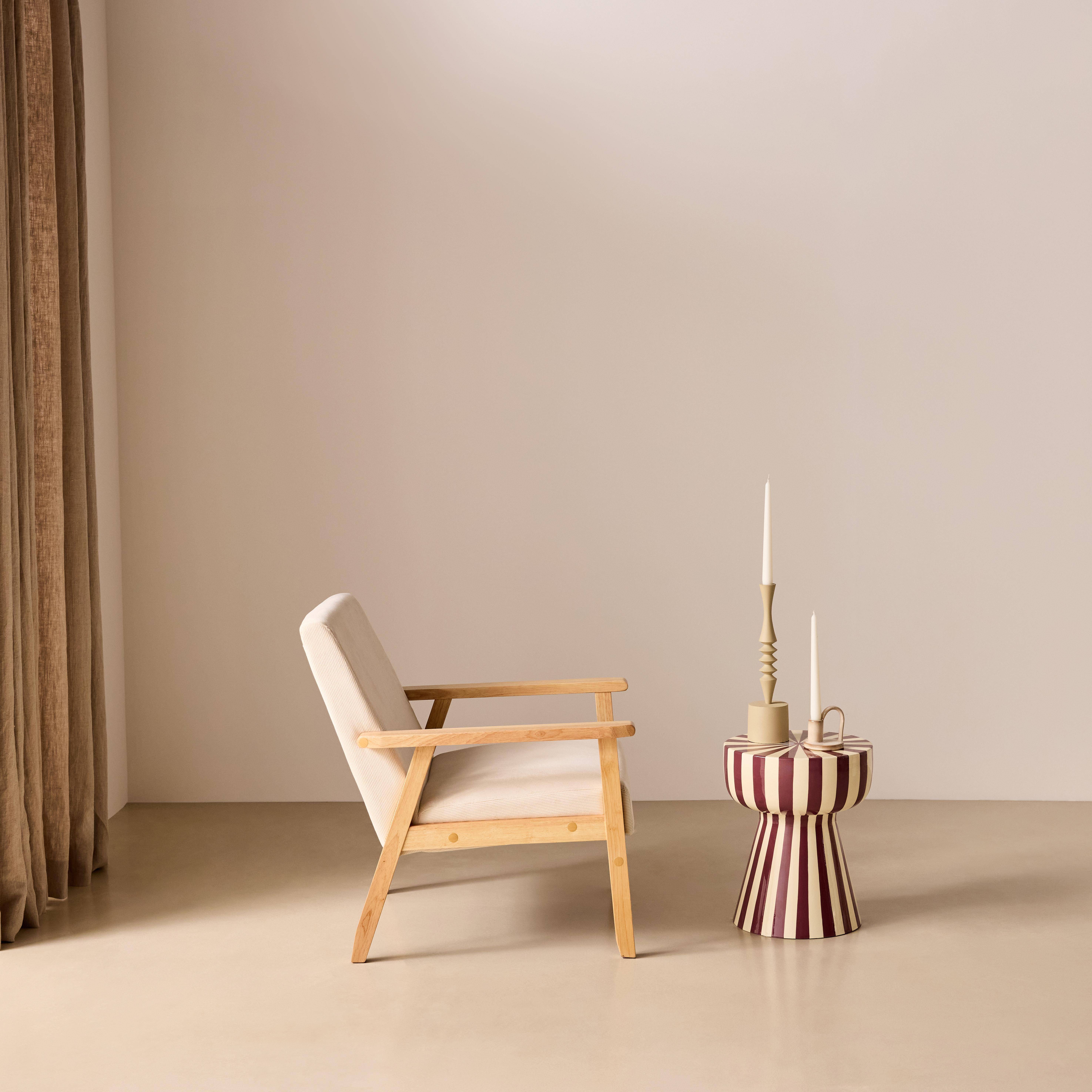 Fauteuil vintage / scandinave structure en bois et contreplaqué et assise en velours côtelé coloris blanc crème,sweeek,Photo2