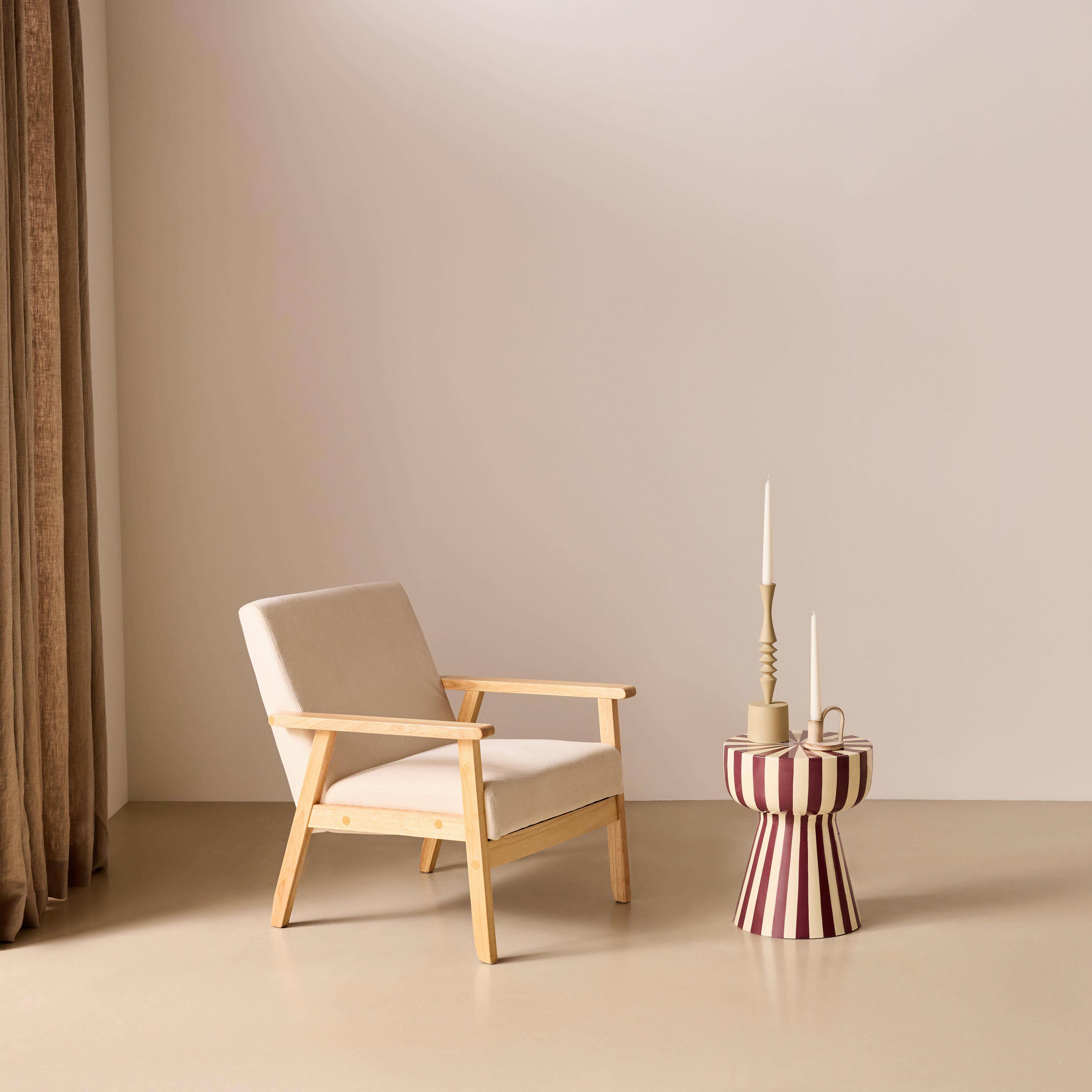 Fauteuil vintage / scandinave structure en bois et contreplaqué et assise en velours côtelé coloris blanc crème,sweeek,Photo1