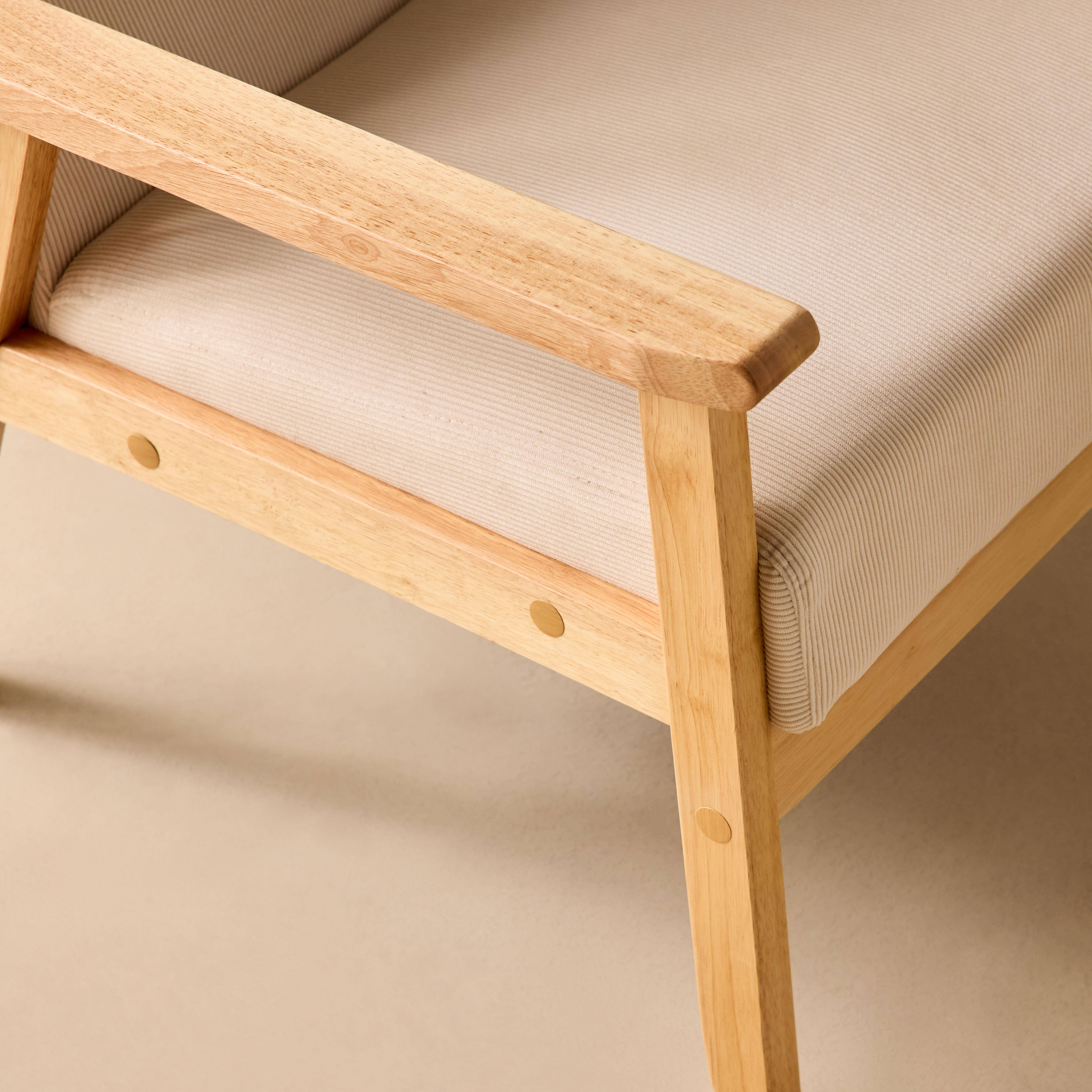 Fauteuil vintage / scandinave structure en bois et contreplaqué et assise en velours côtelé coloris blanc crème,sweeek,Photo3