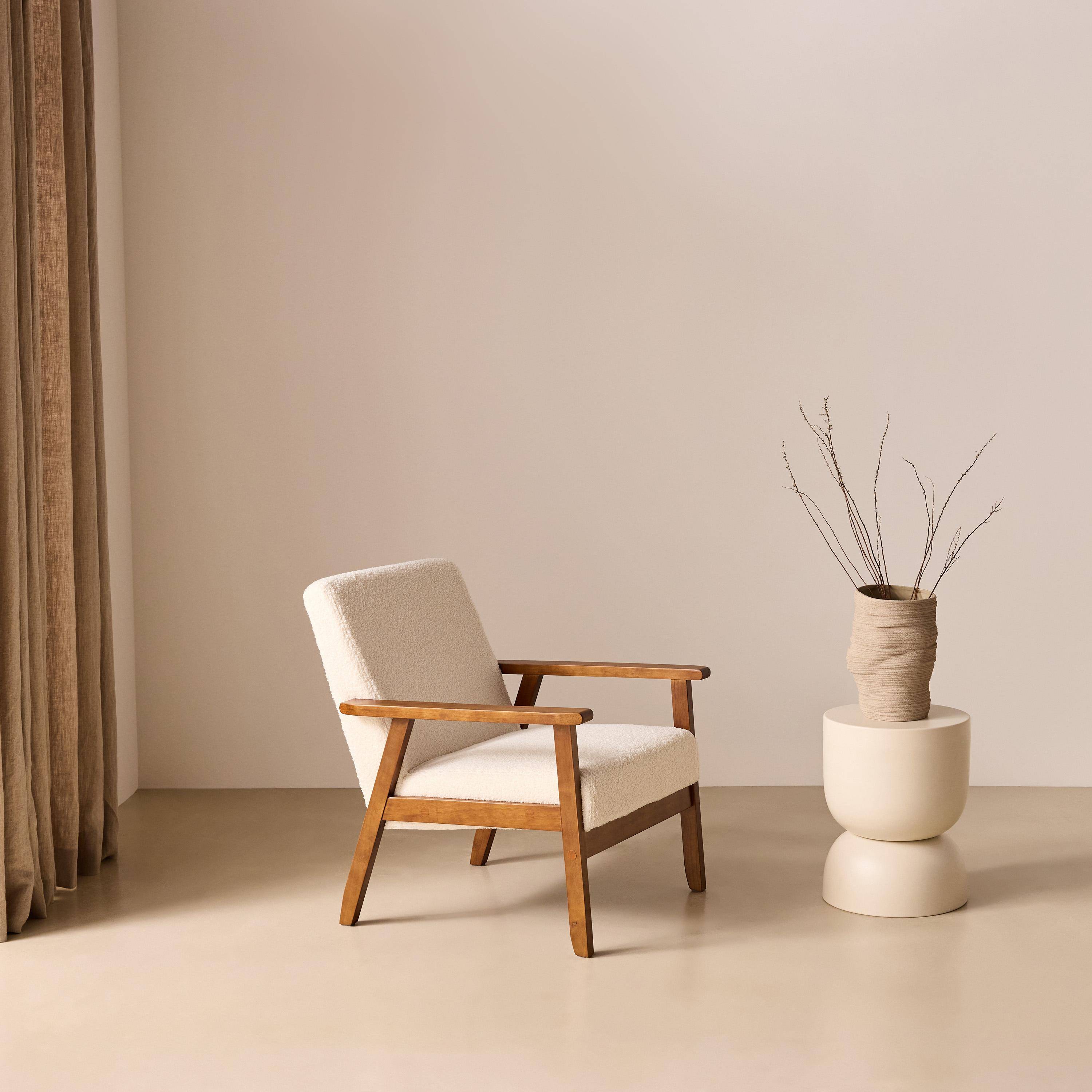 Sillón rizado escandinavo de madera de hevea teñida de nogal claro Crema - 64x69.5x73 cm Photo4