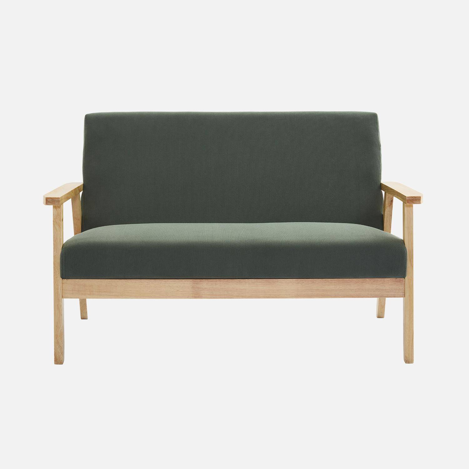 Banquette canapé 2 places en bois et tissu velours côtelé coloris vert kaki, Isak, L 114 x P 69,5 x H 73cm,sweeek,Photo4