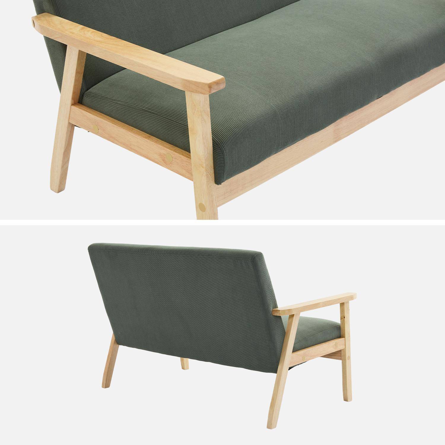 Banquette canapé 2 places en bois et tissu velours côtelé coloris vert kaki, Isak, L 114 x P 69,5 x H 73cm Photo3