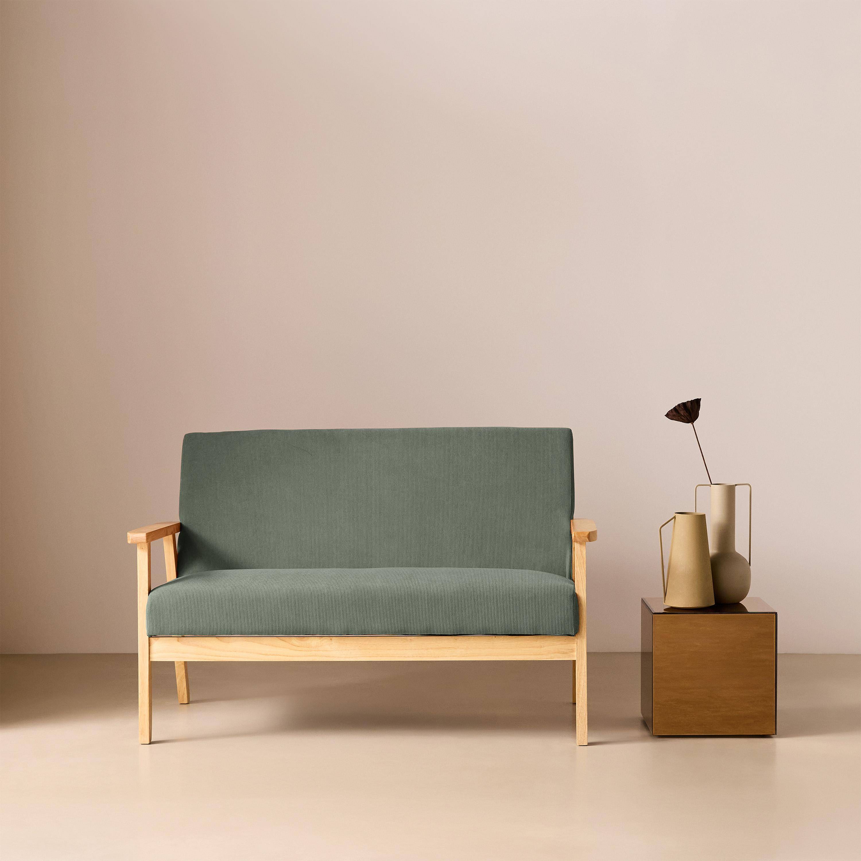 Banquette canapé 2 places en bois et tissu velours côtelé coloris vert kaki, Isak, L 114 x P 69,5 x H 73cm Photo1