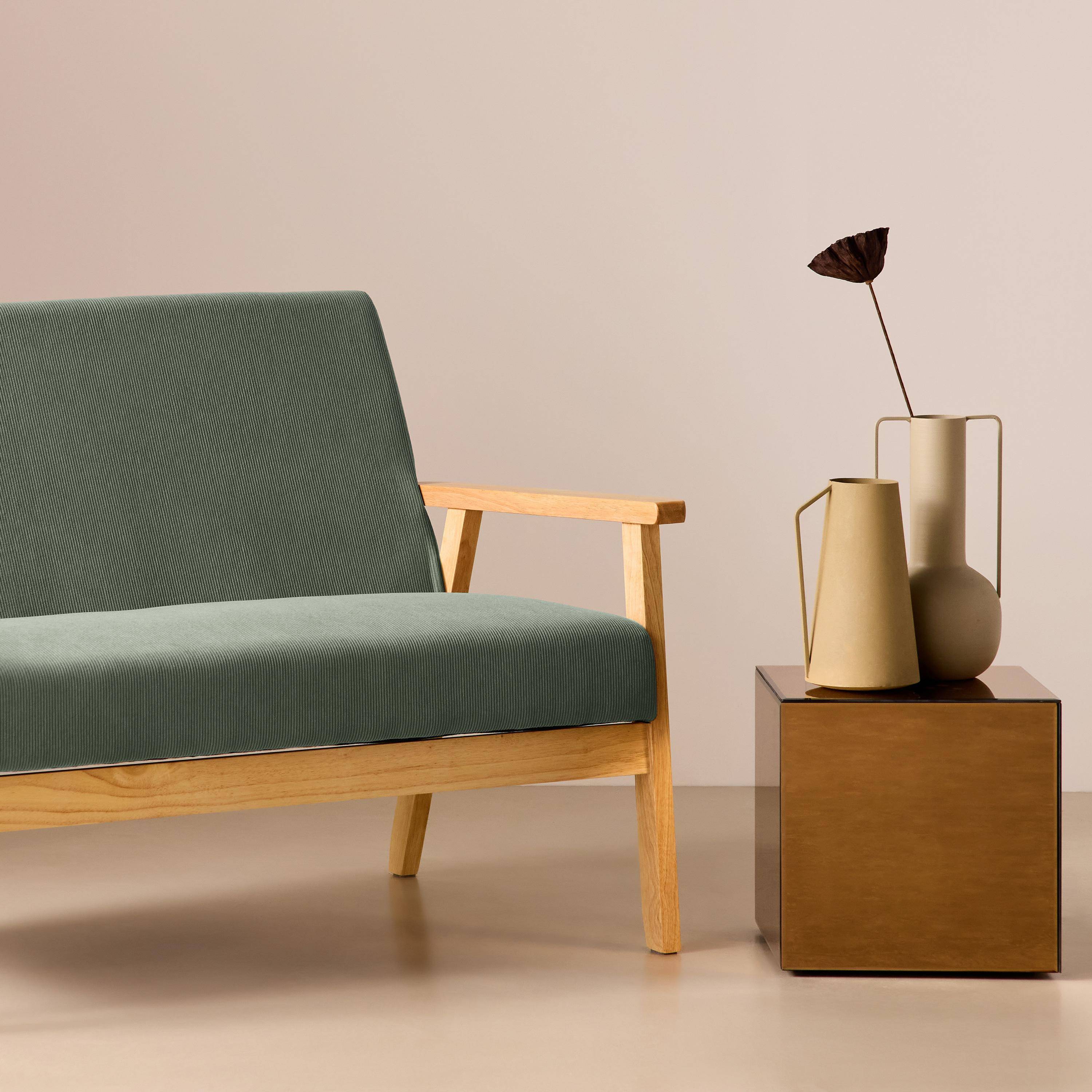 Banquette canapé 2 places en bois et tissu velours côtelé coloris vert kaki, Isak, L 114 x P 69,5 x H 73cm Photo3