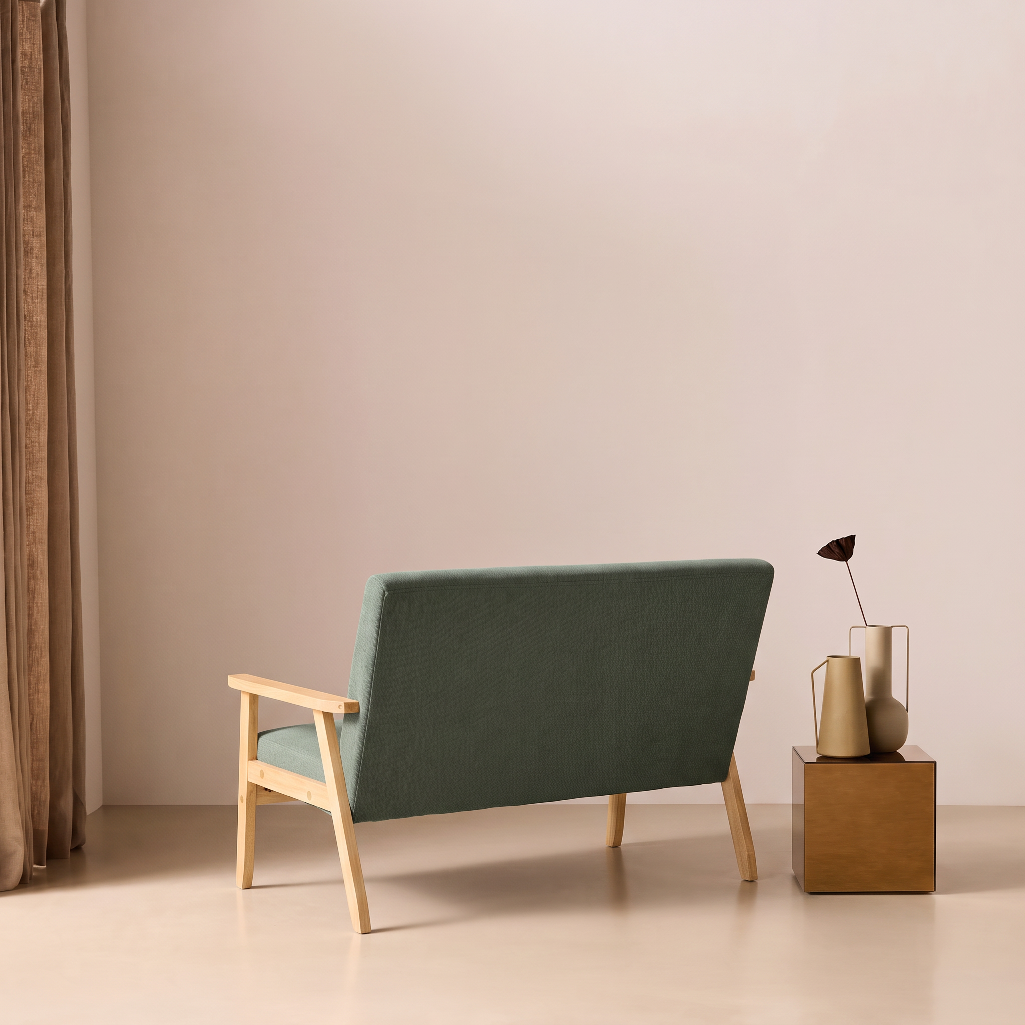 Banquette canapé 2 places en bois et tissu velours côtelé coloris vert kaki, Isak, L 114 x P 69,5 x H 73cm Photo5