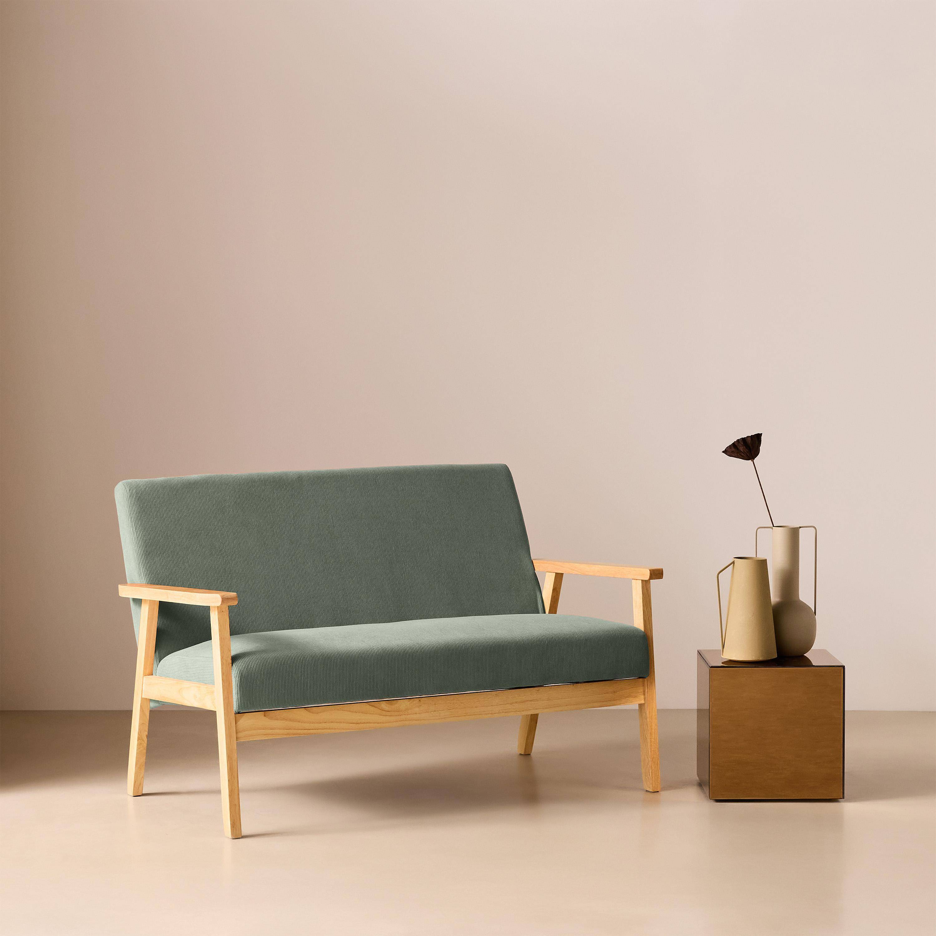 Banquette canapé 2 places en bois et tissu velours côtelé coloris vert kaki, Isak, L 114 x P 69,5 x H 73cm Photo2