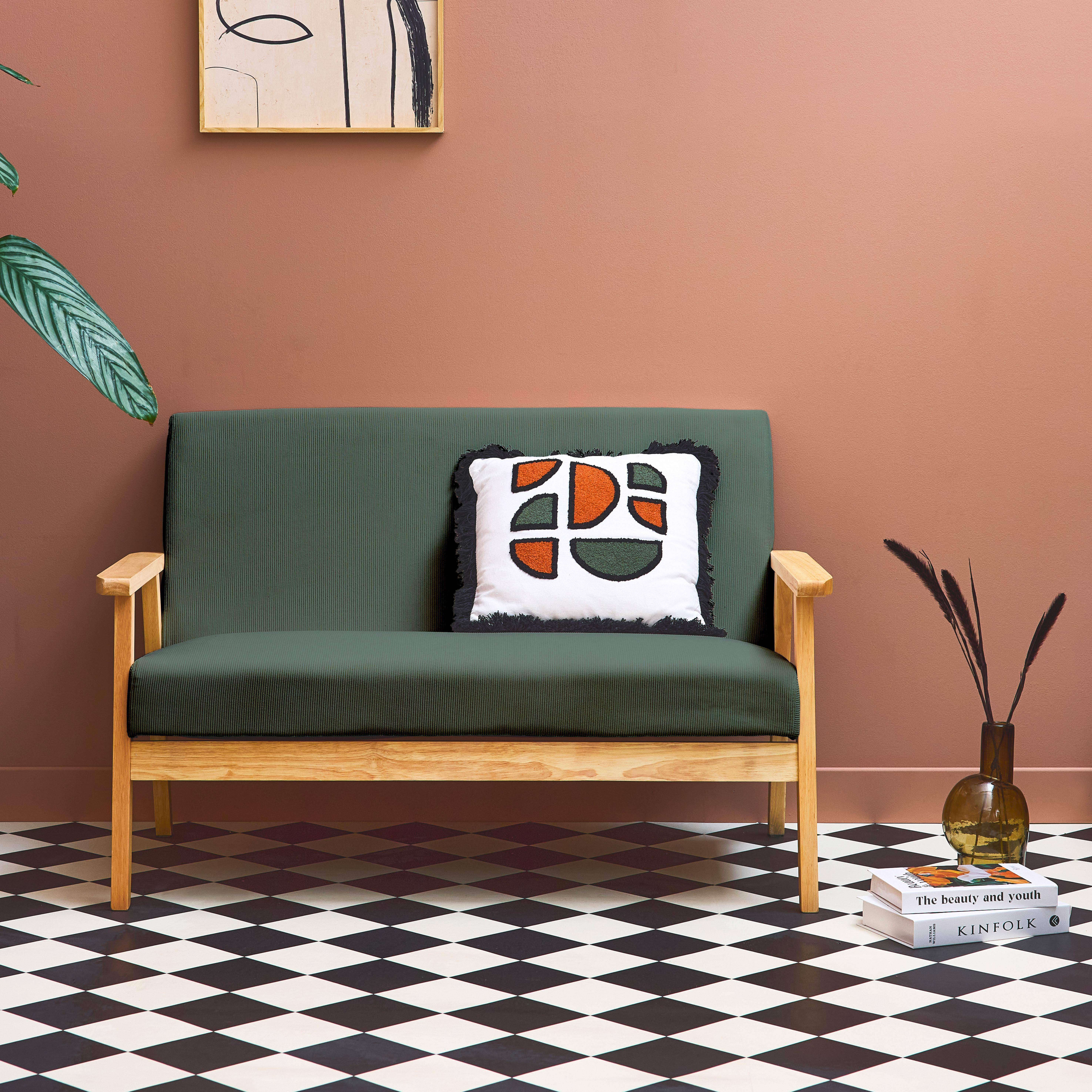 Banquette canapé 2 places en bois et tissu velours côtelé coloris vert kaki, Isak, L 114 x P 69,5 x H 73cm Photo1