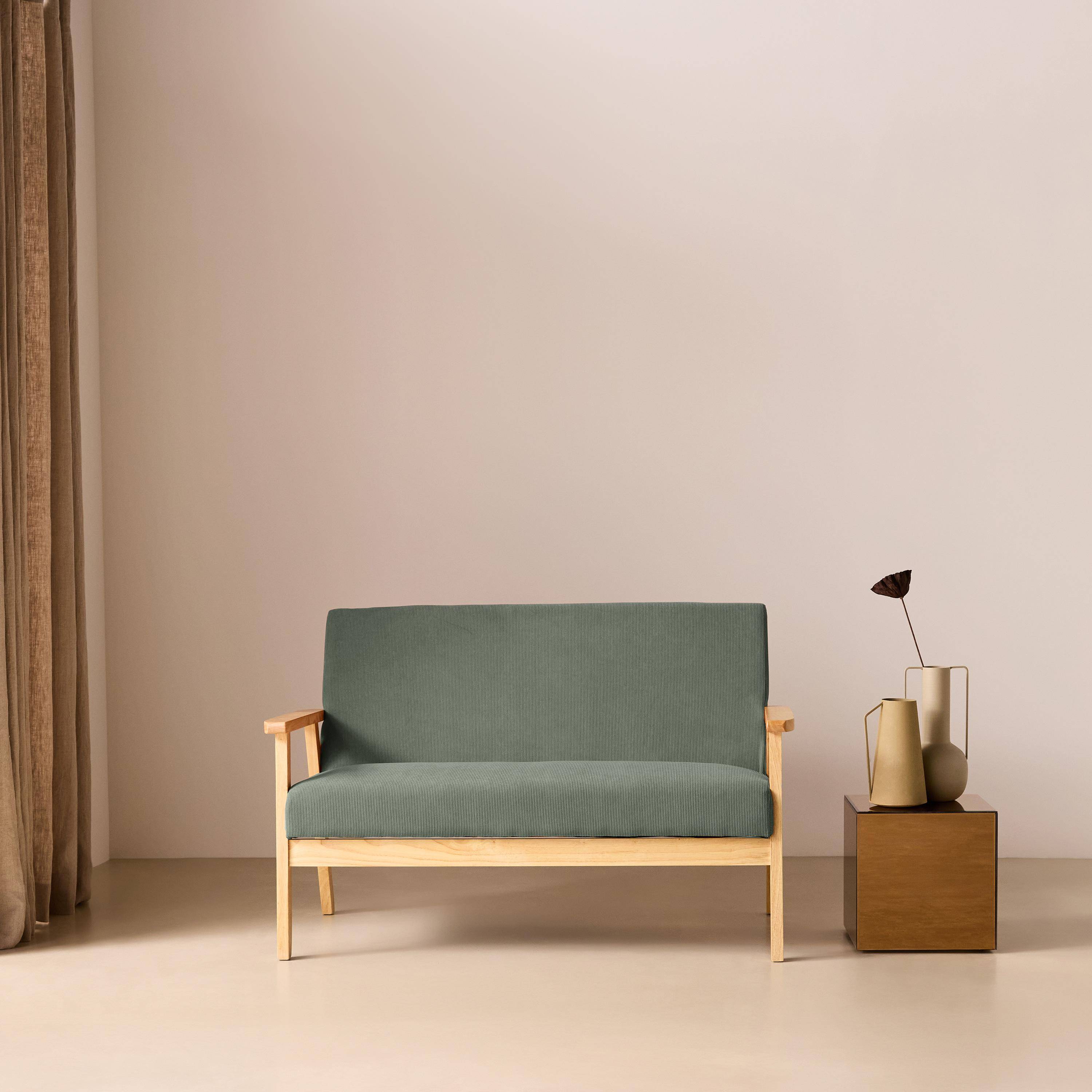 Banquette canapé 2 places en bois et tissu velours côtelé coloris vert kaki, Isak, L 114 x P 69,5 x H 73cm Photo1