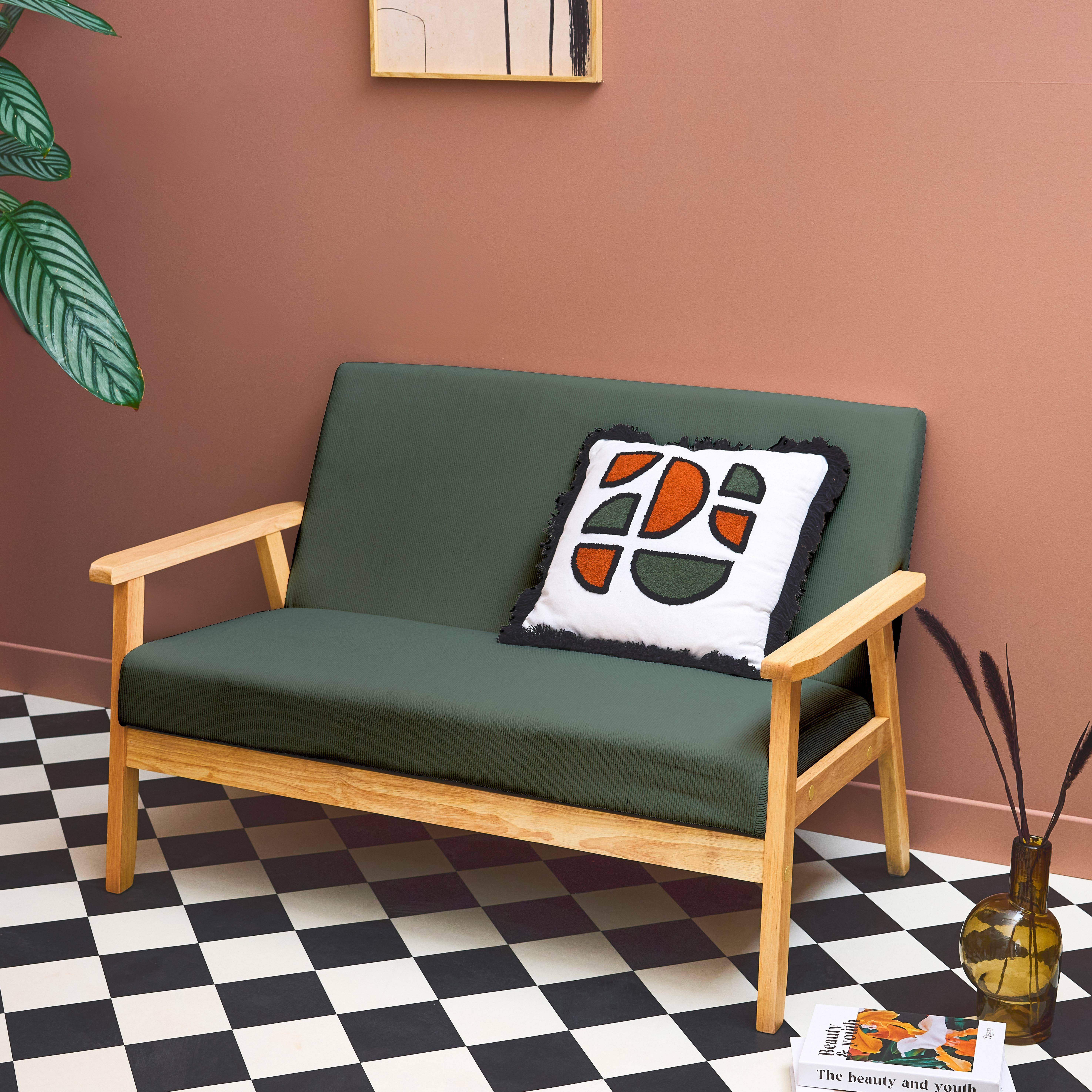 Banquette canapé 2 places en bois et tissu velours côtelé coloris vert kaki, Isak, L 114 x P 69,5 x H 73cm Photo2