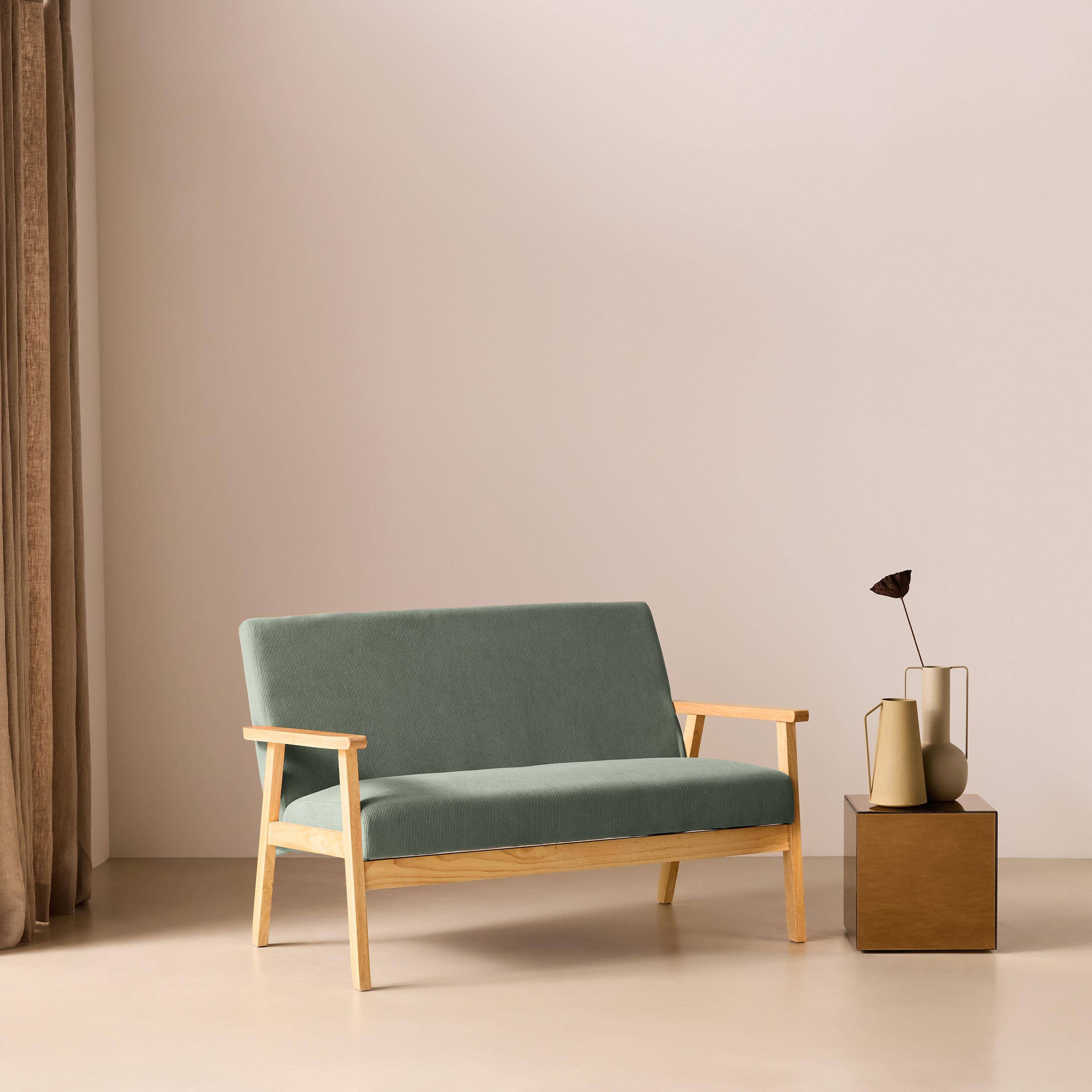 Banquette canapé 2 places en bois et tissu velours côtelé coloris vert kaki, Isak, L 114 x P 69,5 x H 73cm Photo2