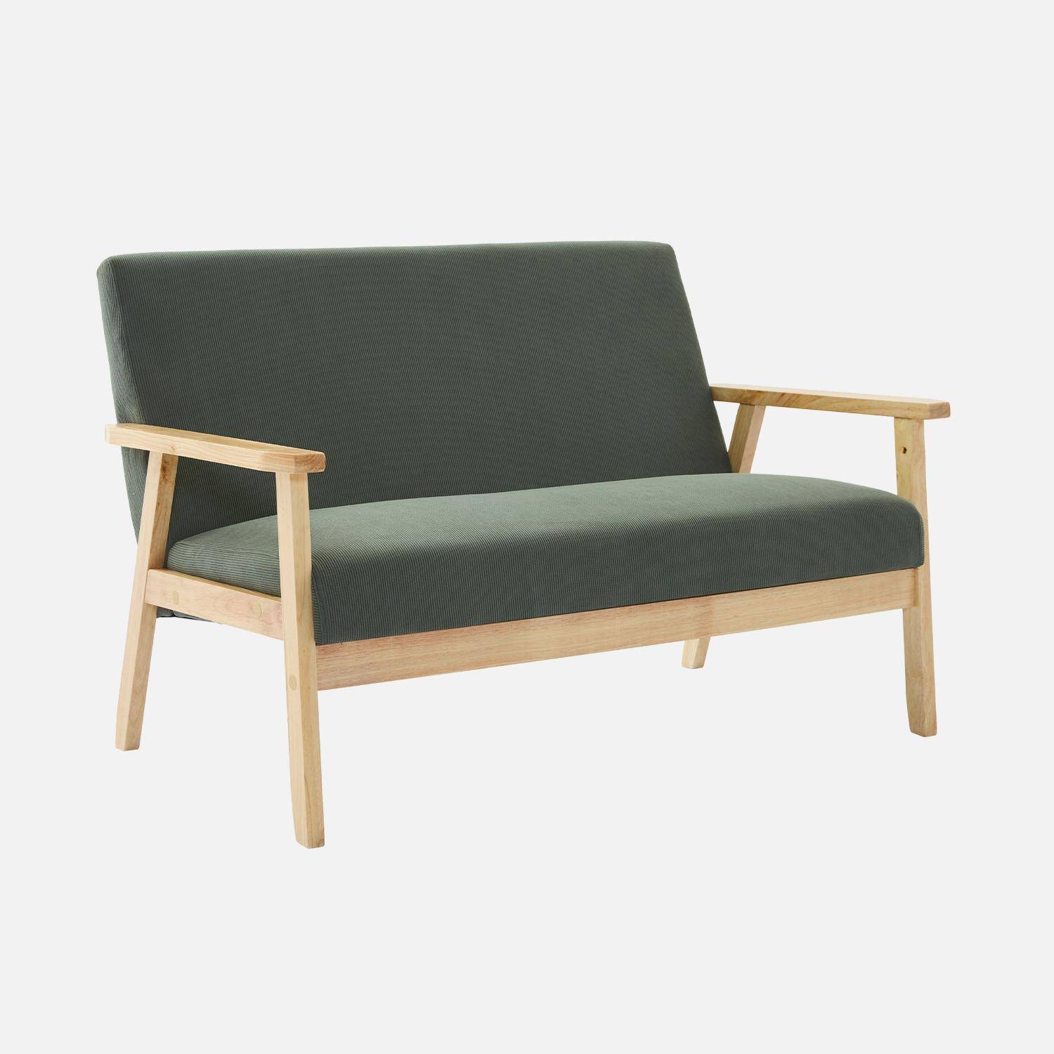 Banquette canapé 2 places en bois et tissu velours côtelé coloris vert kaki, Isak, L 114 x P 69,5 x H 73cm,sweeek,Photo3