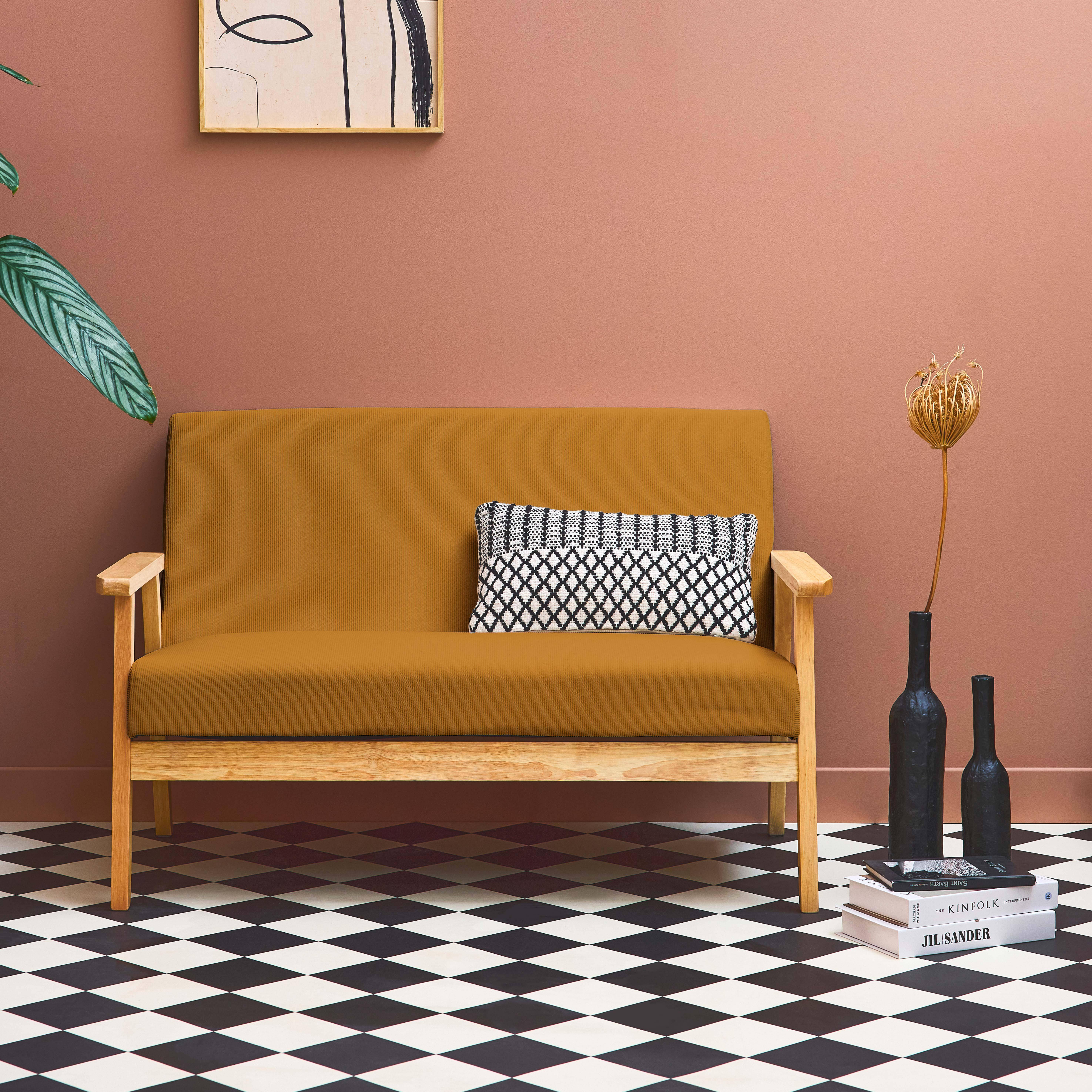 Banquette canapé 2 places en bois et tissu velours côtelé coloris moutarde, Isak, L 114 x P 69,5 x H 73cm Photo1