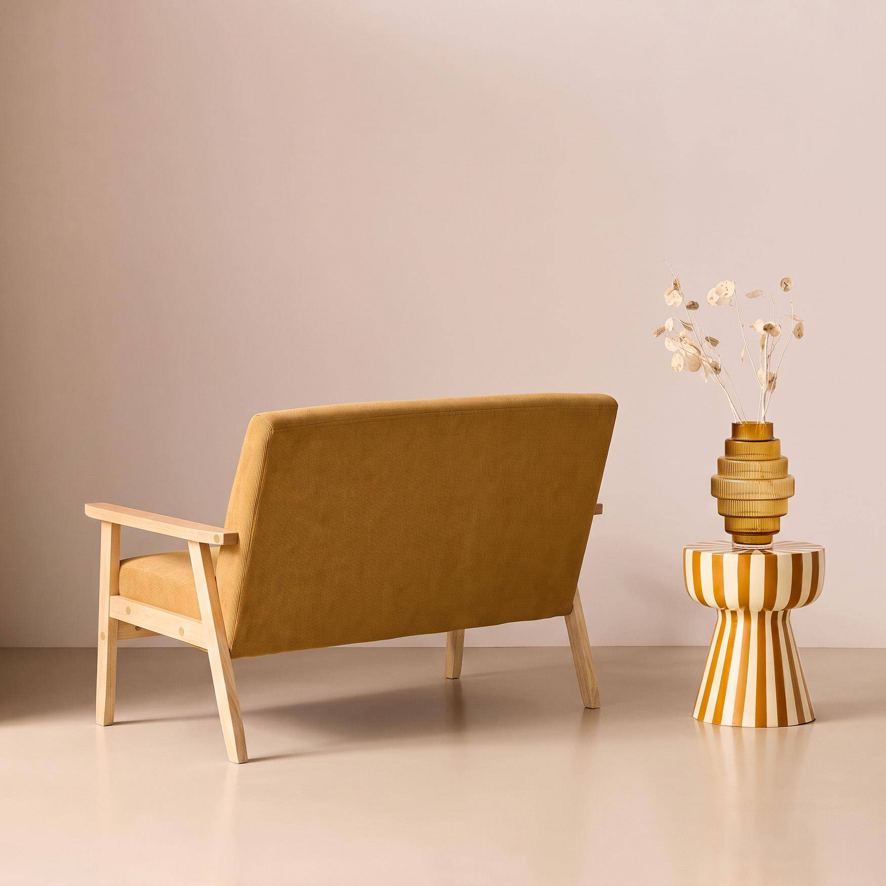 Banquette canapé 2 places en bois et tissu velours côtelé coloris moutarde, Isak, L 114 x P 69,5 x H 73cm,sweeek,Photo5