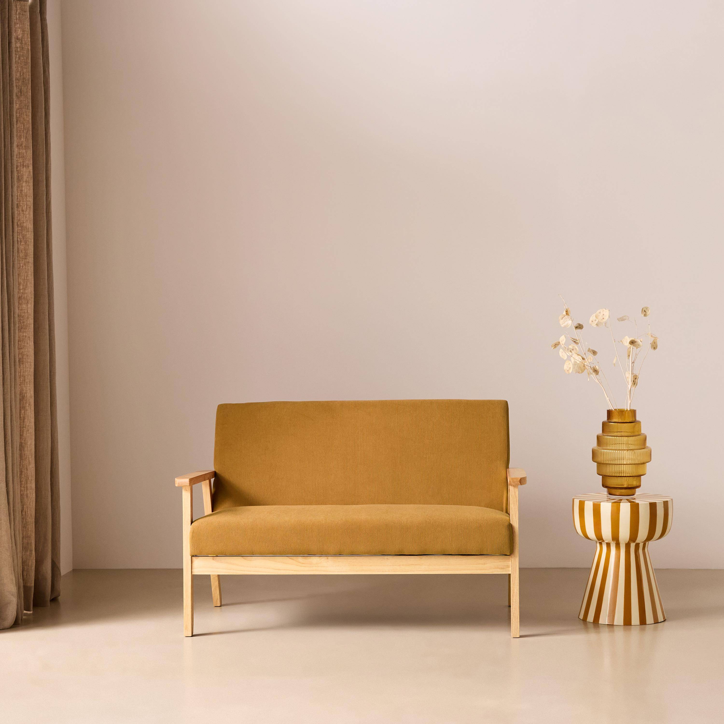 Banquette canapé 2 places en bois et tissu velours côtelé coloris moutarde, Isak, L 114 x P 69,5 x H 73cm,sweeek,Photo1