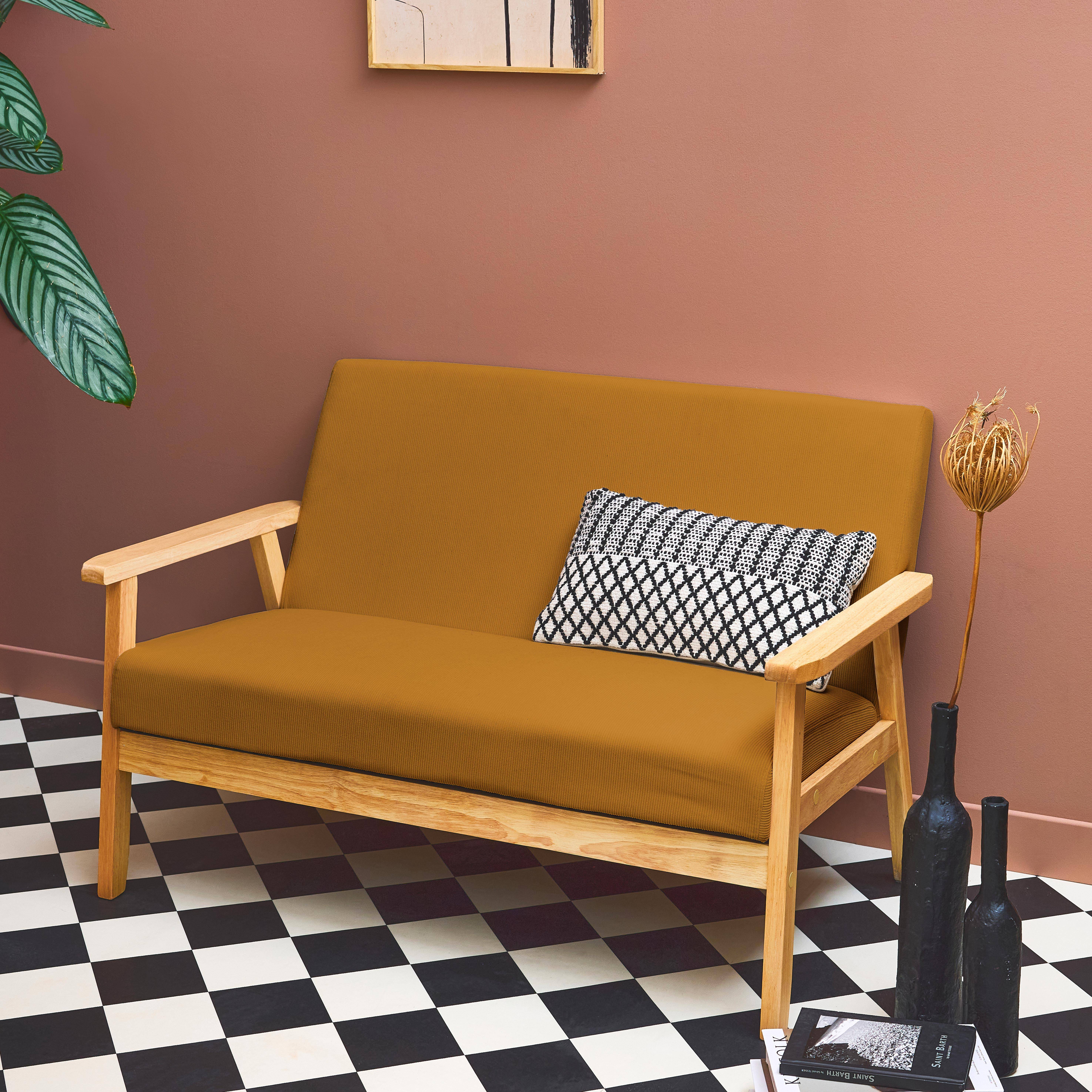 Banquette canapé 2 places en bois et tissu velours côtelé coloris moutarde, Isak, L 114 x P 69,5 x H 73cm Photo2