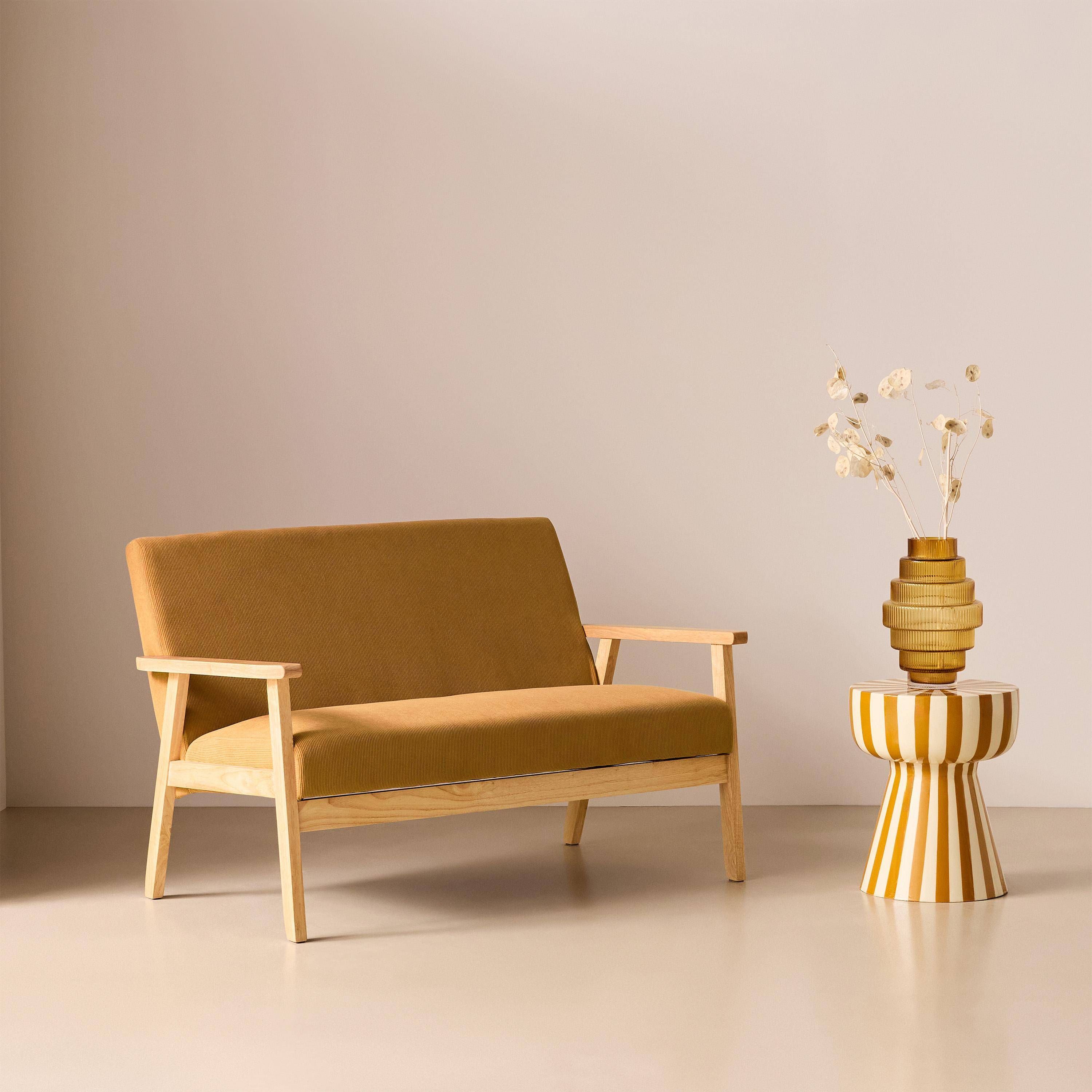 Banquette canapé 2 places en bois et tissu velours côtelé coloris moutarde, Isak, L 114 x P 69,5 x H 73cm,sweeek,Photo2