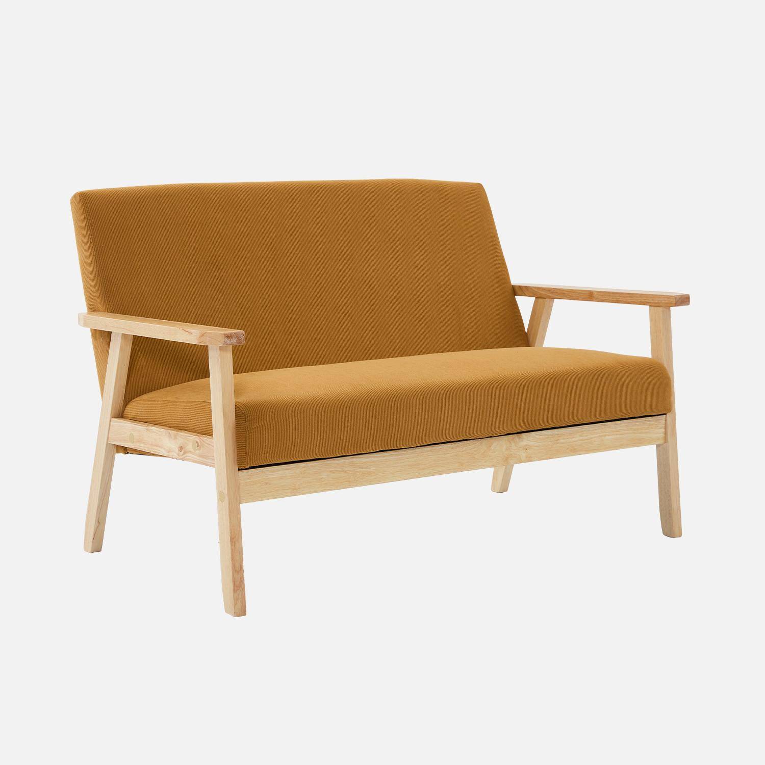 Banquette canapé 2 places en bois et tissu velours côtelé coloris moutarde, Isak, L 114 x P 69,5 x H 73cm,sweeek,Photo3
