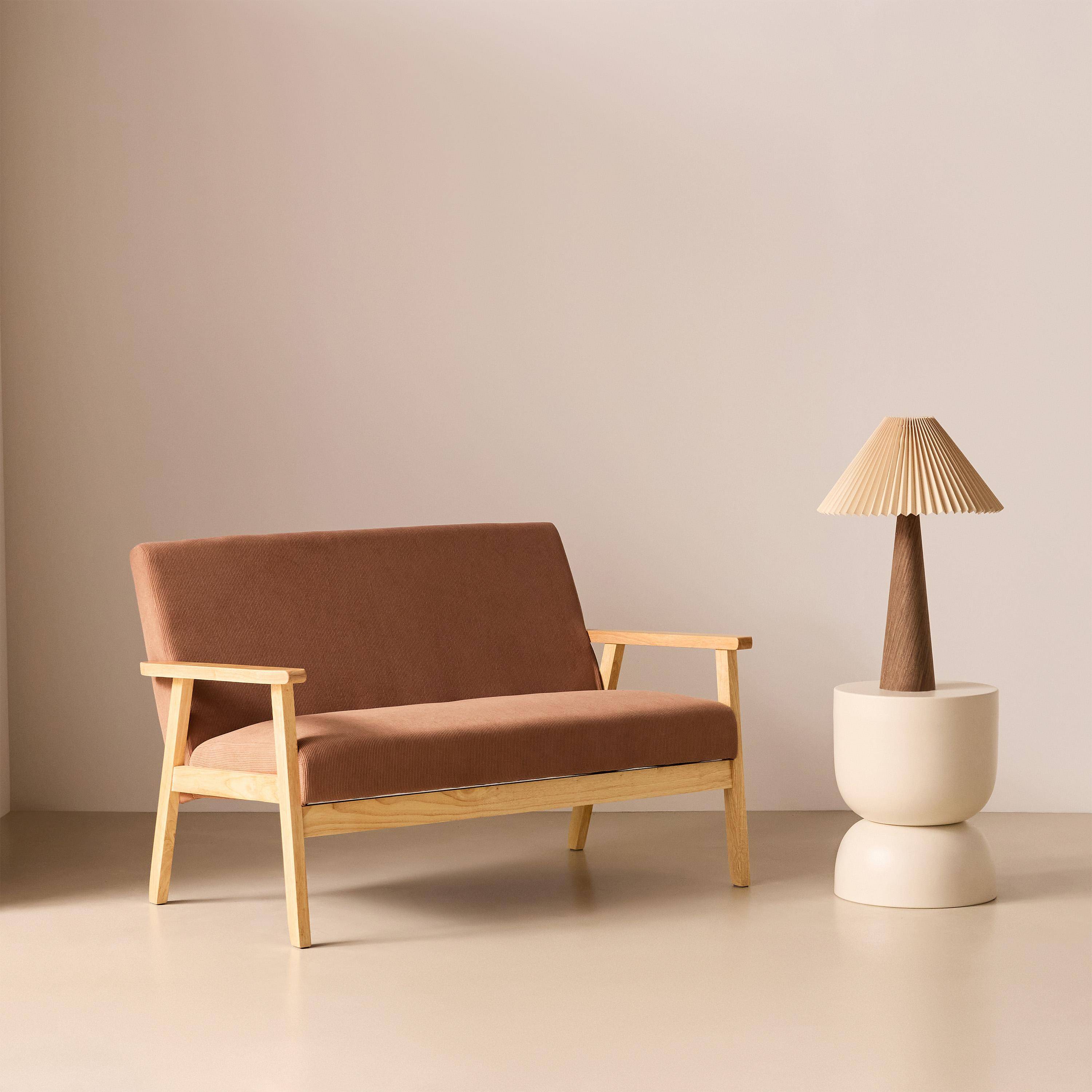 Banquette canapé 2 places en bois et tissu velours côtelé coloris marron, Isak, L 114 x P 69,5 x H 73cm,sweeek,Photo2