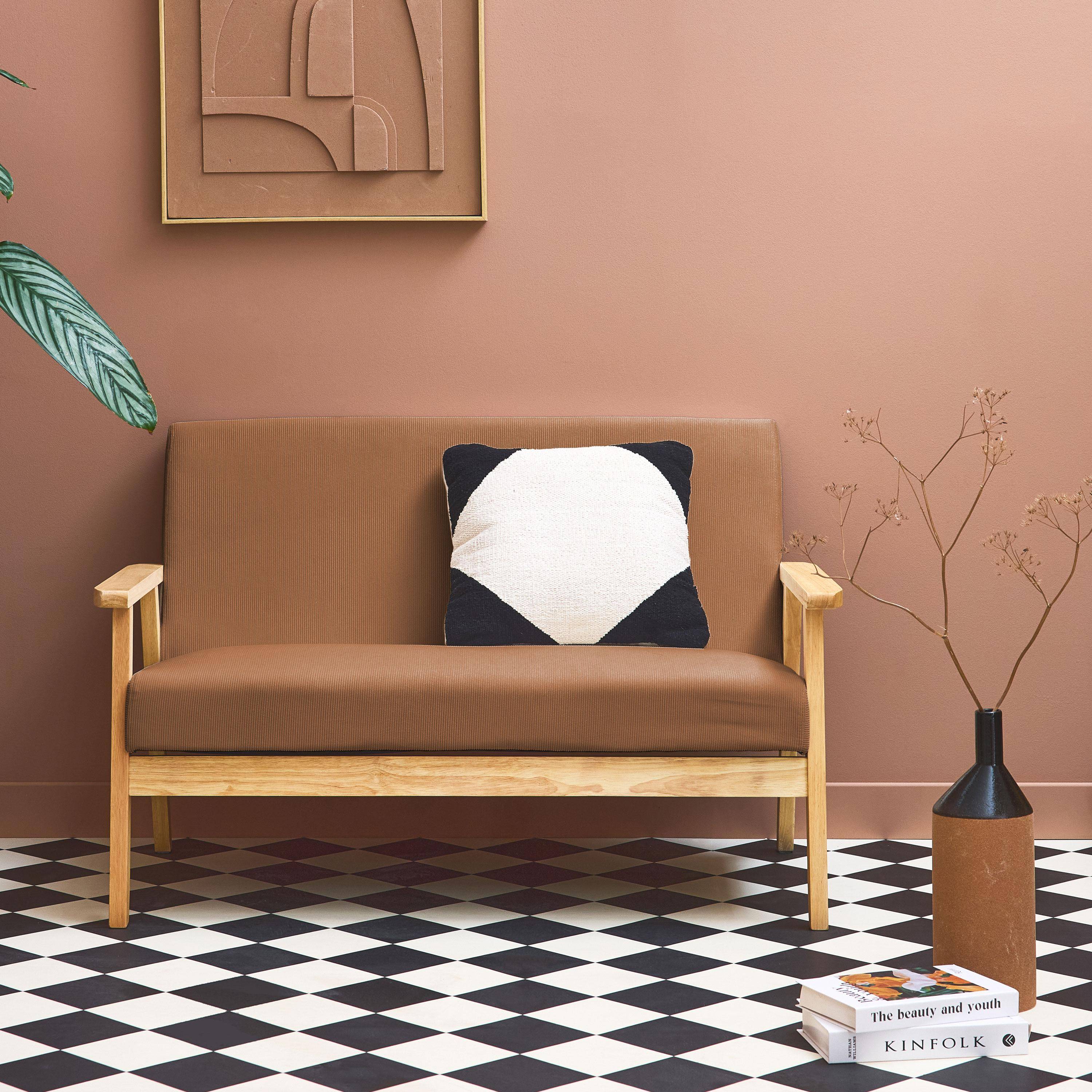 Banquette canapé 2 places en bois et tissu velours côtelé coloris marron, Isak, L 114 x P 69,5 x H 73cm,sweeek,Photo2