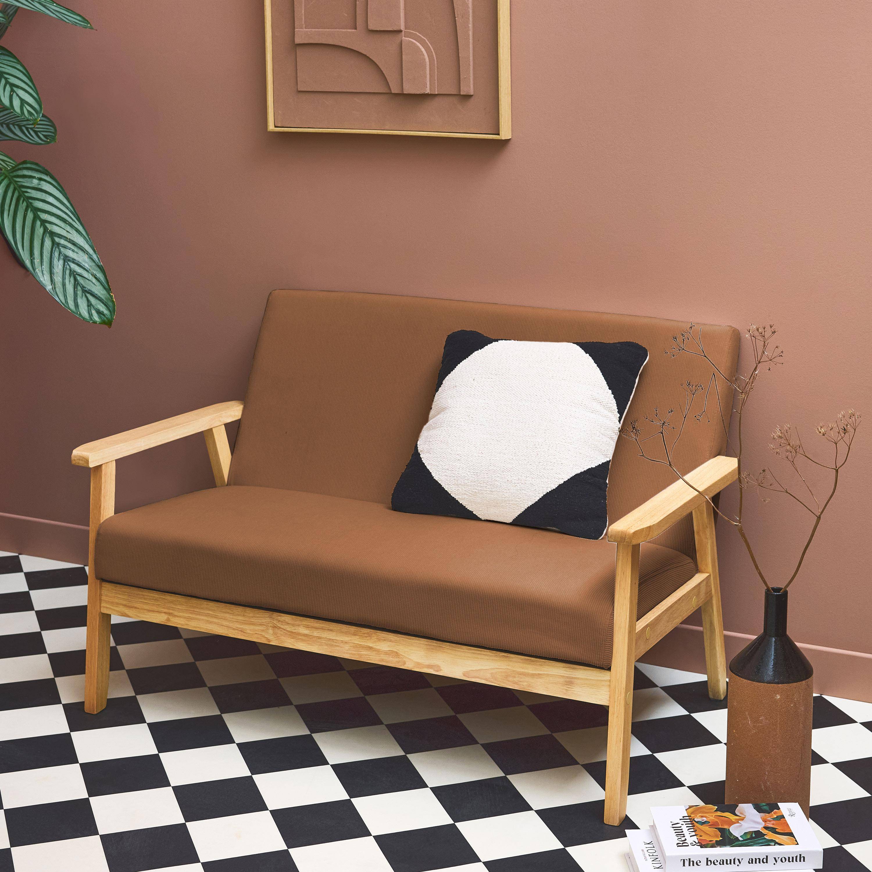 Banquette canapé 2 places en bois et tissu velours côtelé coloris marron, Isak, L 114 x P 69,5 x H 73cm Photo1