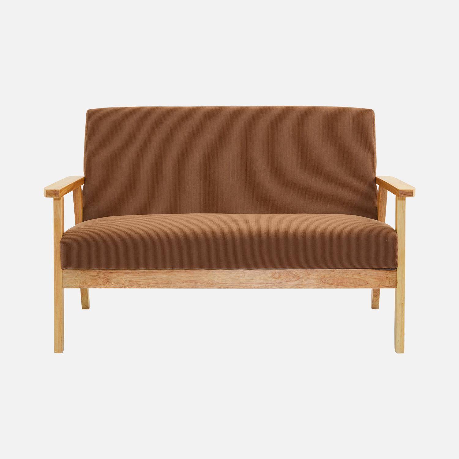 Banquette canapé 2 places en bois et tissu velours côtelé coloris marron, Isak, L 114 x P 69,5 x H 73cm Photo4