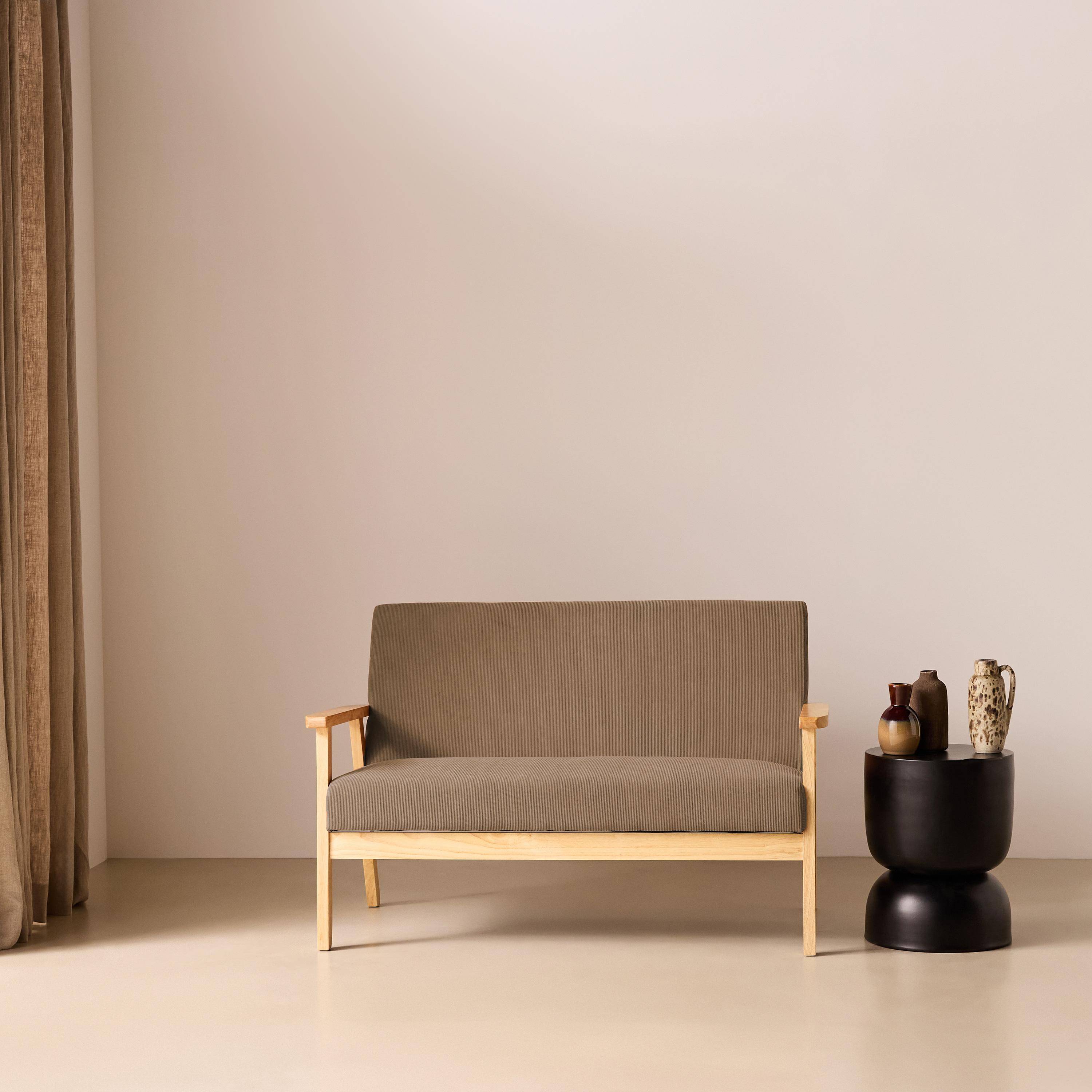 Sofá banco em veludo canelado com estrutura em madeira, 2 lugares Taupe - 114x69.5x73 cm Photo1