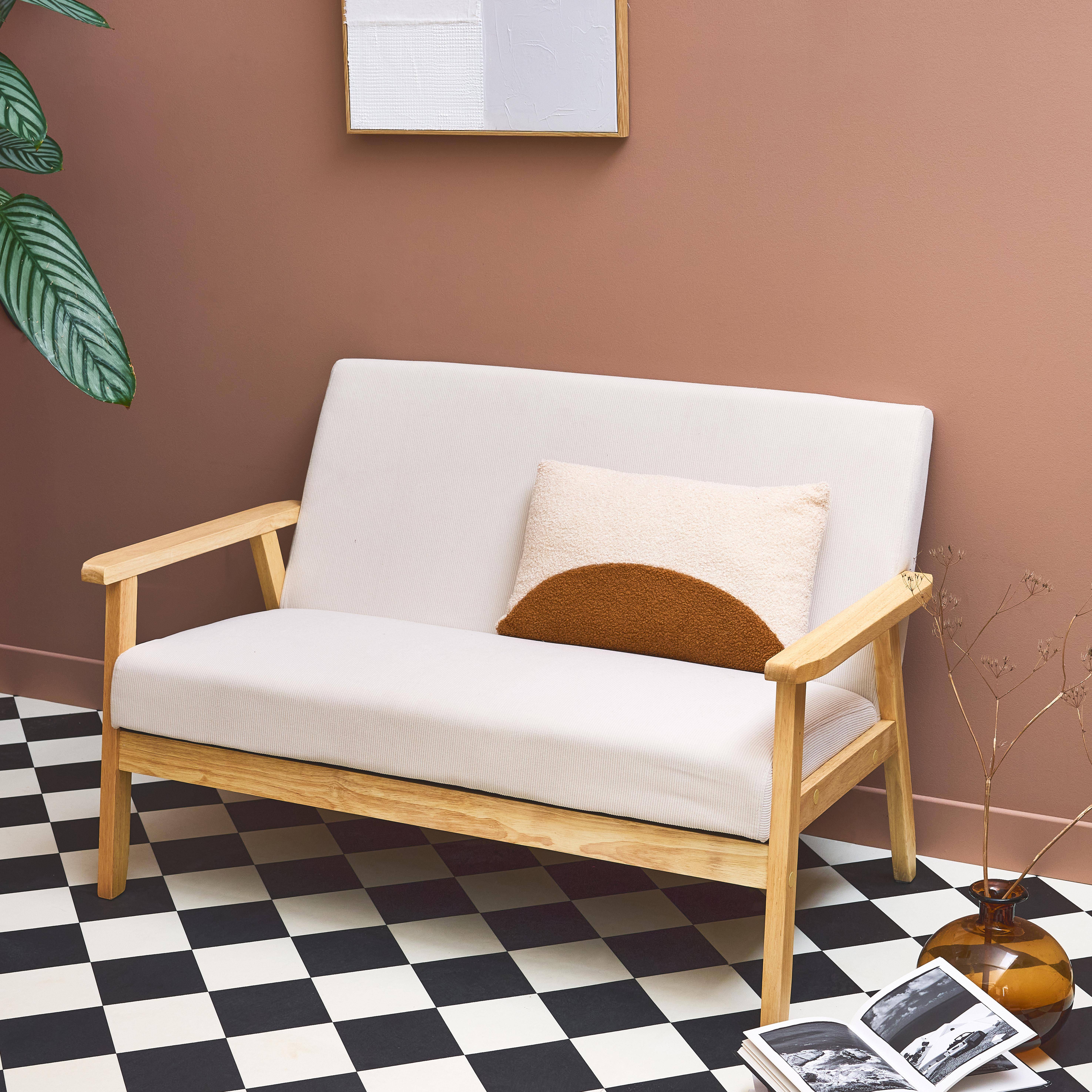 Sofá-banco 2 plazas, pana, patas de madera, Isak pana, Crema, 114x69.5x73 cm Photo2