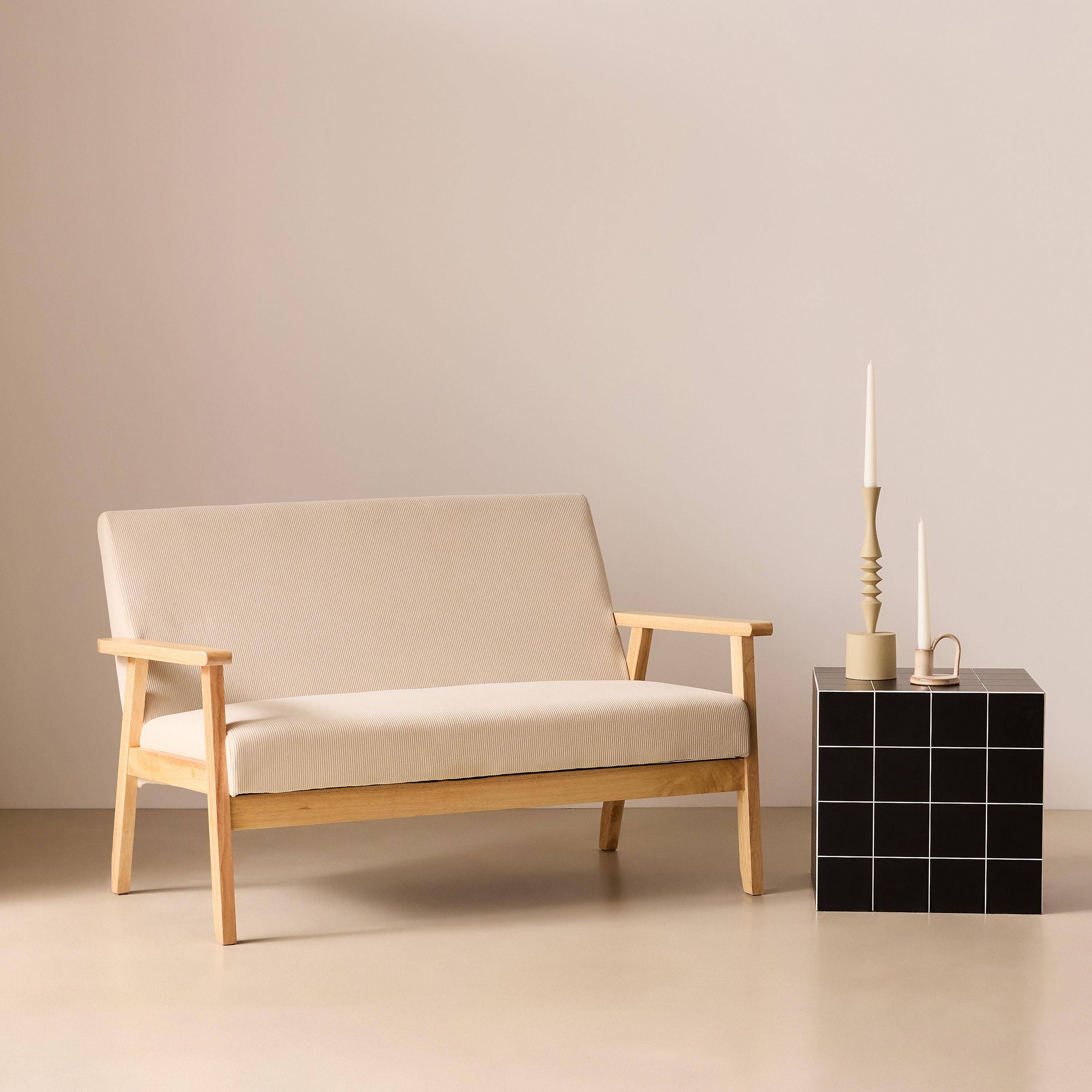 Sofá-banco de pana con patas de madera,  2 plazas Crema - 114x69.5x73 cm Photo2