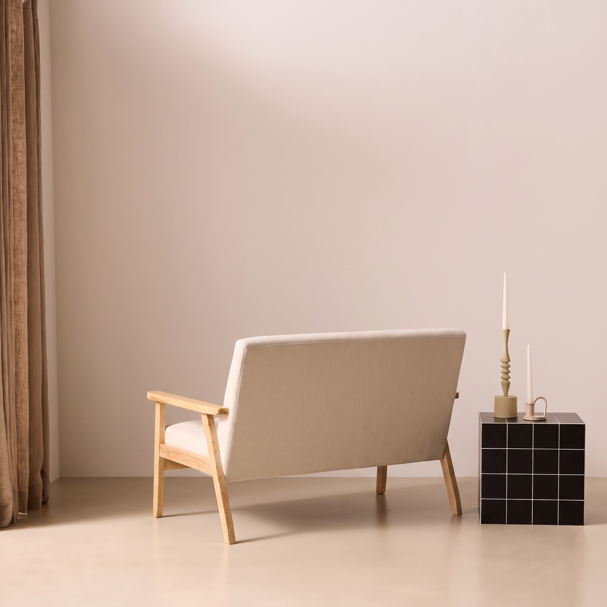 Banquette canapé 2 places en bois et tissu velours côtelé coloris blanc crème, Isak, L 114 x P 69,5 x H 73cm Photo4