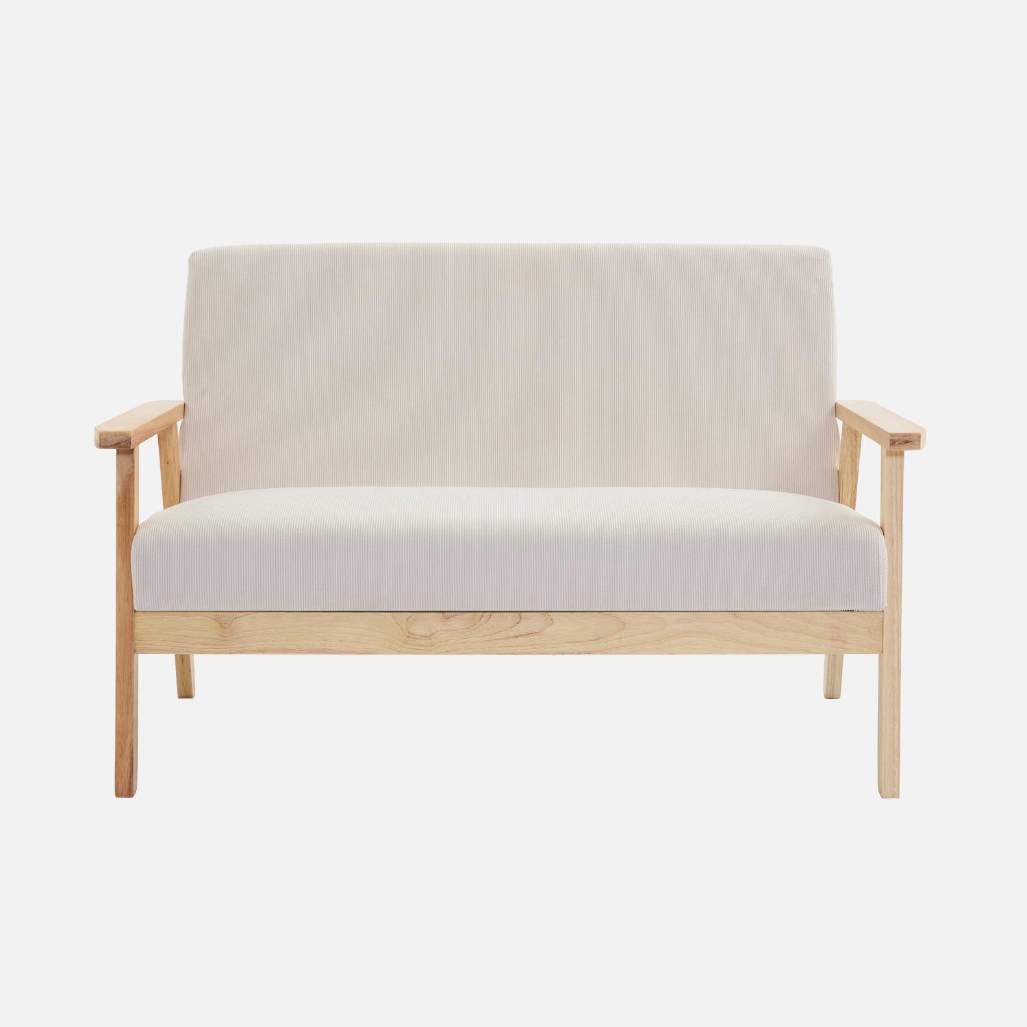 Banquette canapé 2 places en bois et tissu velours côtelé coloris blanc crème, Isak, L 114 x P 69,5 x H 73cm Photo2