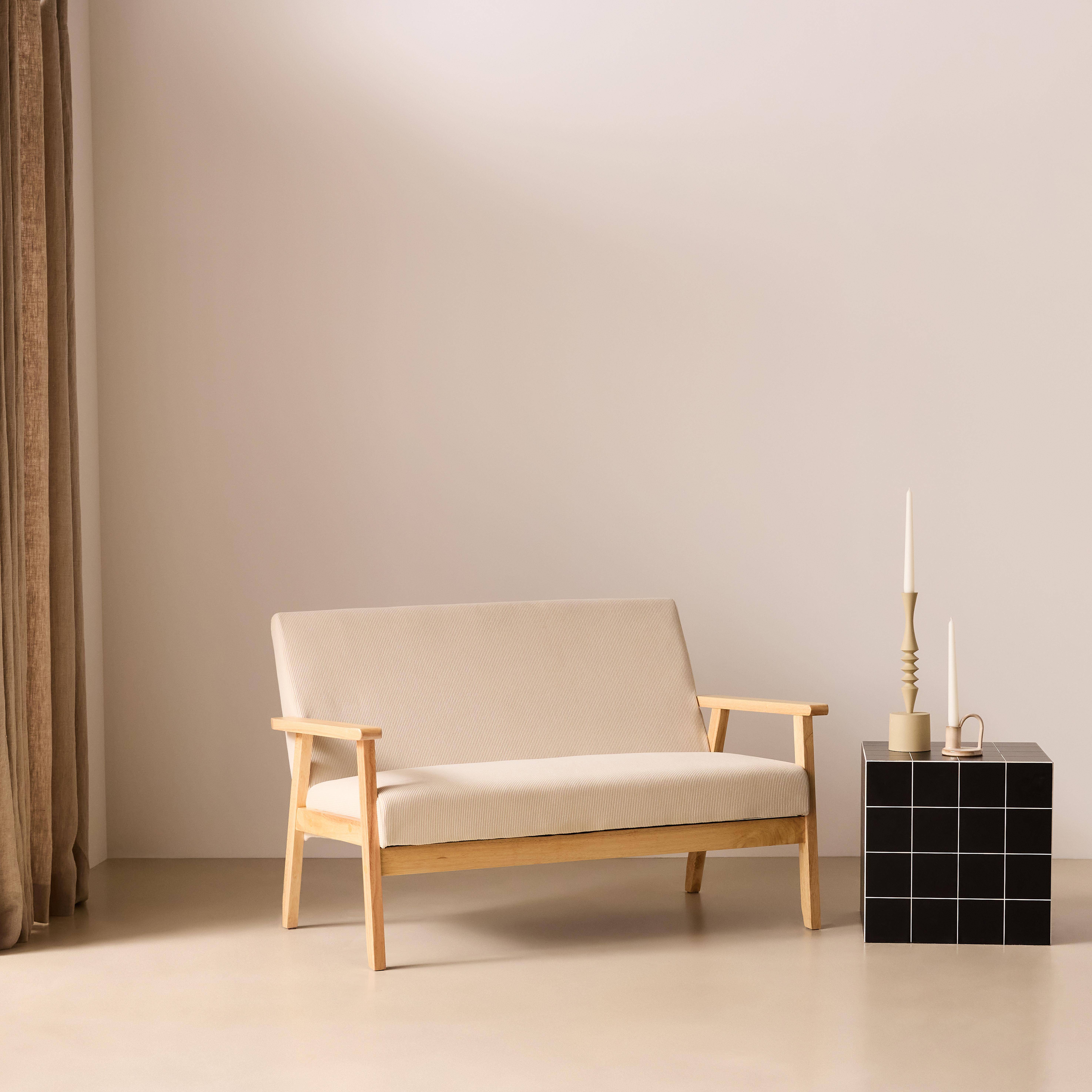 Banquette canapé 2 places en bois et tissu velours côtelé coloris blanc crème, Isak, L 114 x P 69,5 x H 73cm,sweeek,Photo2