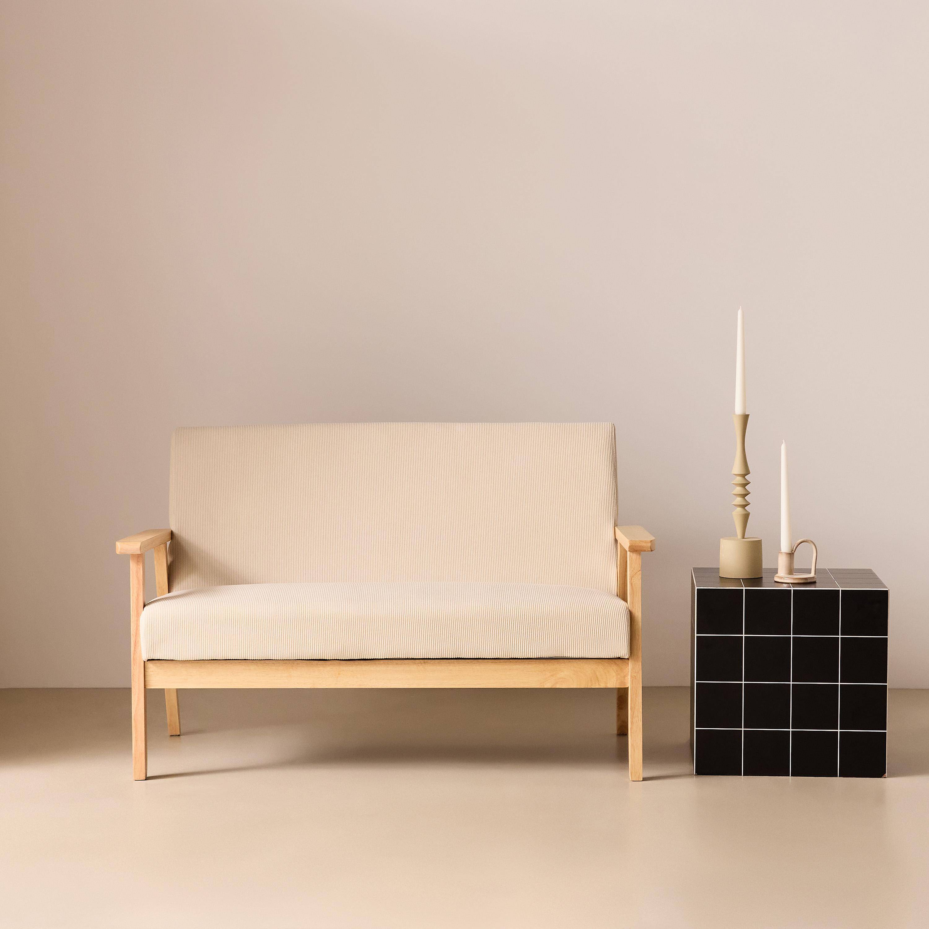 Sofá-banco de pana con patas de madera,  2 plazas Crema - 114x69.5x73 cm Photo1