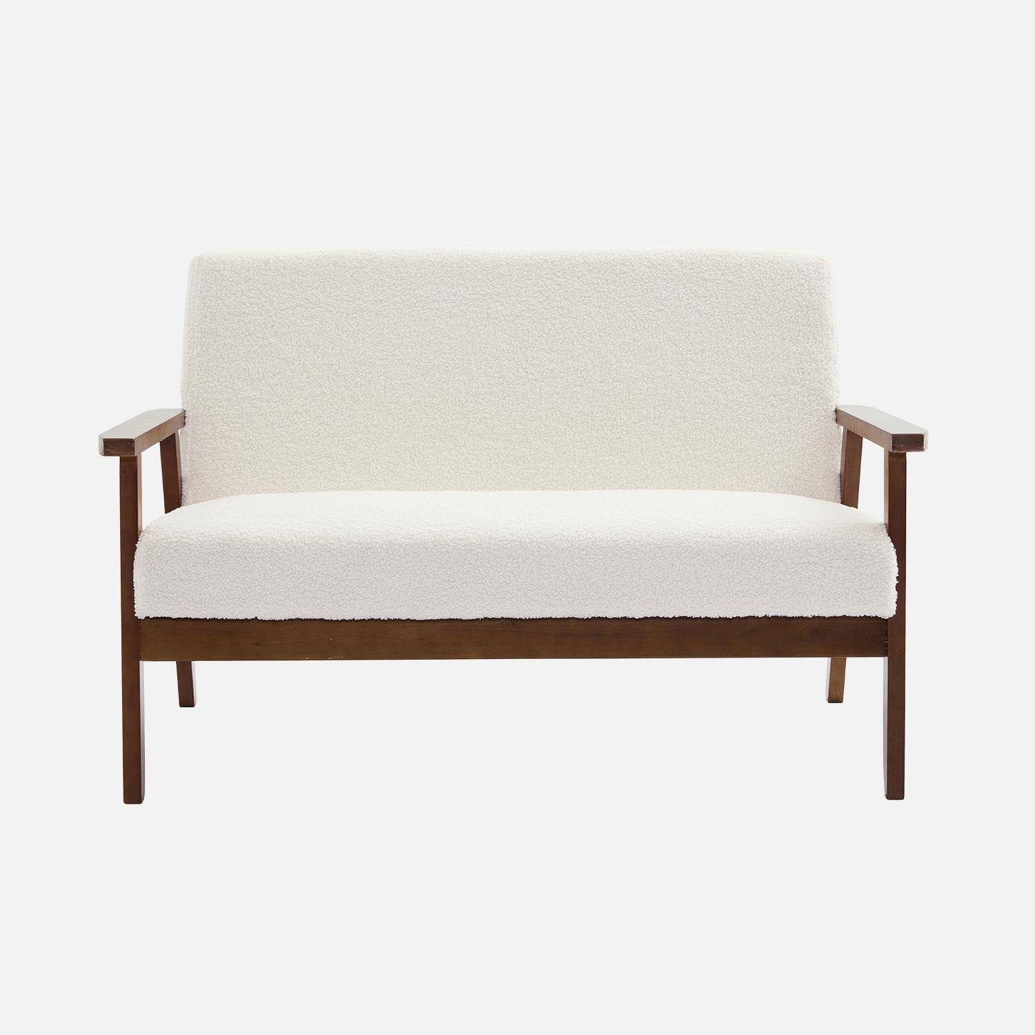 Banquette canapé 2 places en bois teinté noyer clair et tissu bouclette, Isak, L 114 x P 69,5 x H 73cm Photo2