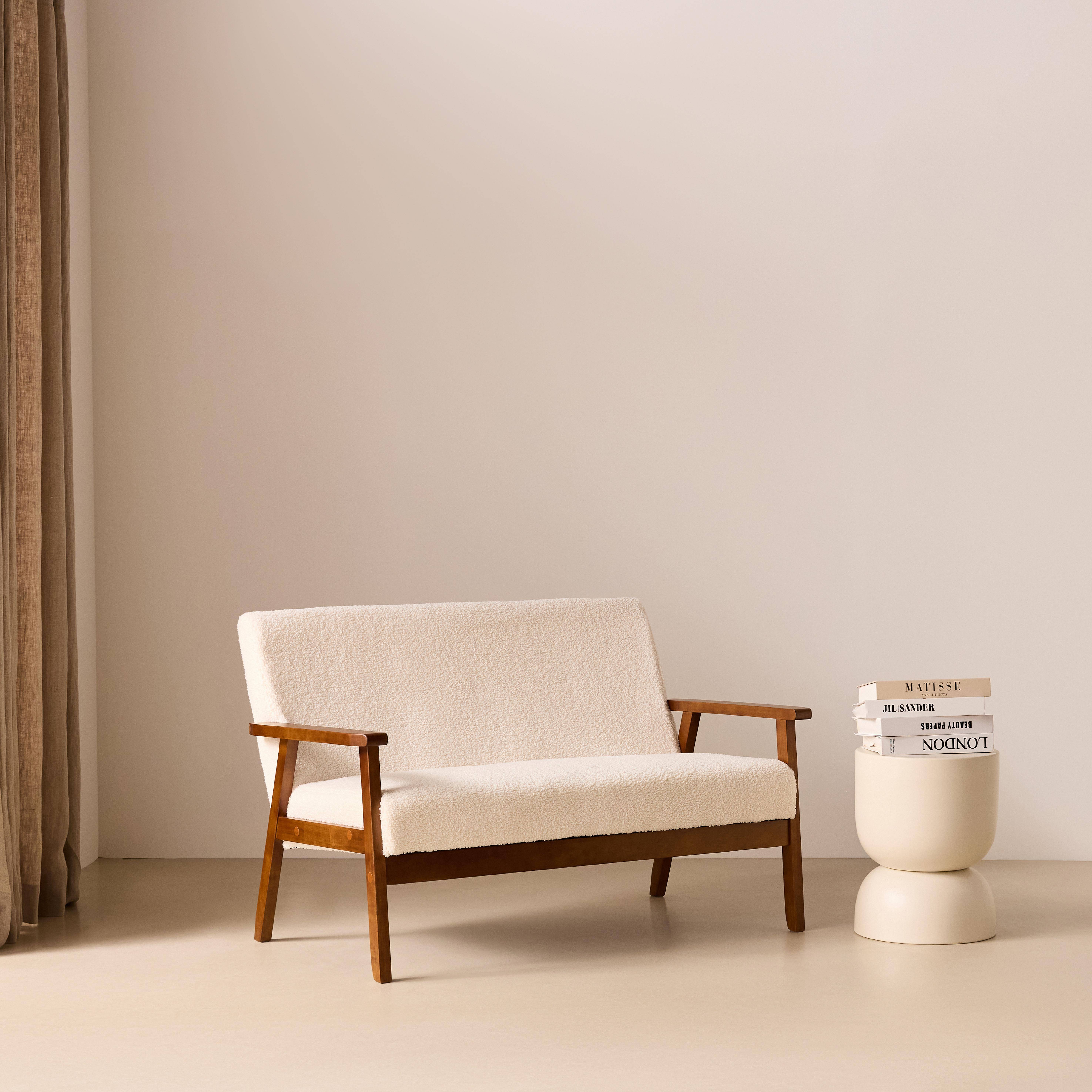 Banquette canapé 2 places en bois teinté noyer clair et tissu bouclette, Isak, L 114 x P 69,5 x H 73cm,sweeek,Photo2