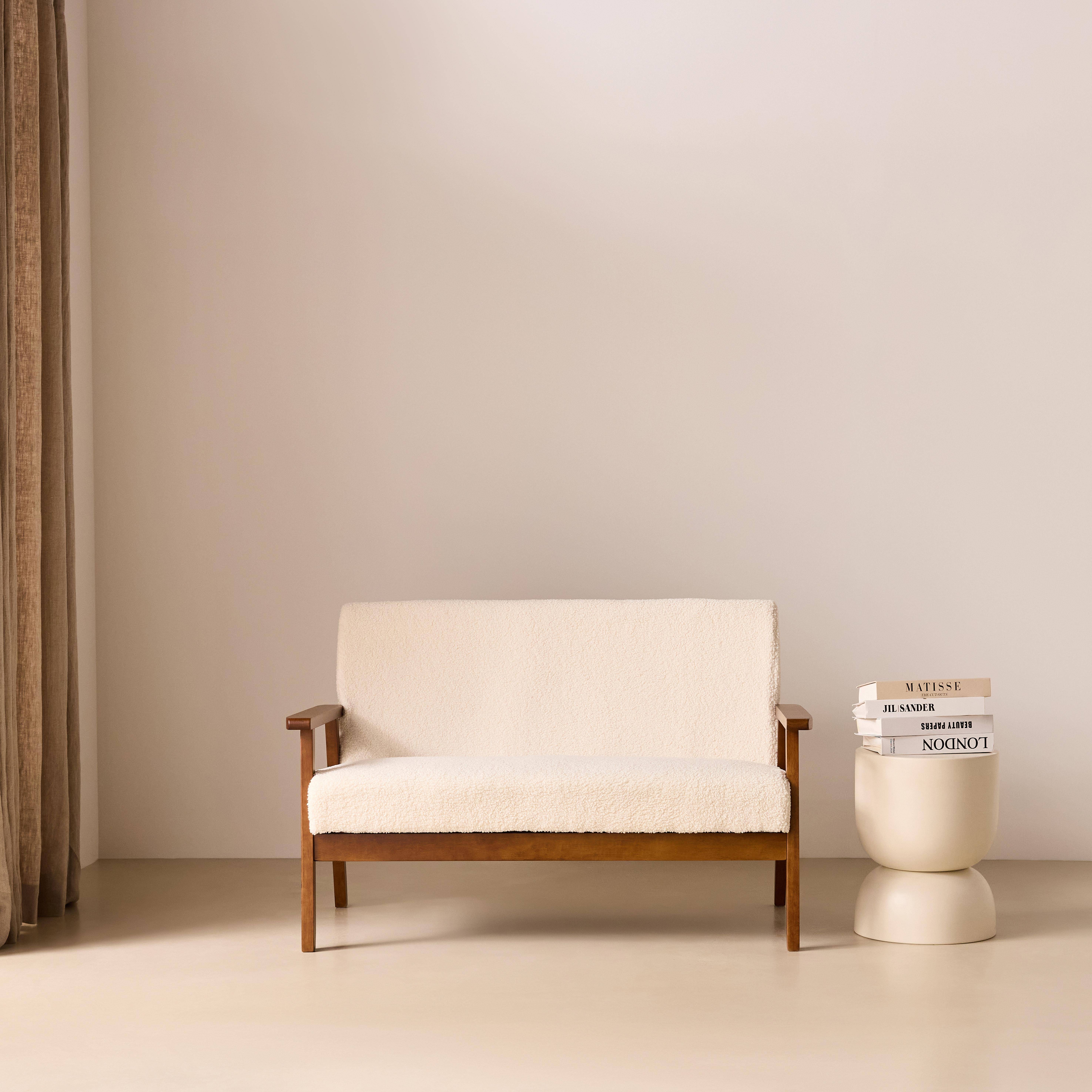 Banquette canapé 2 places en bois teinté noyer clair et tissu bouclette, Isak, L 114 x P 69,5 x H 73cm,sweeek,Photo1