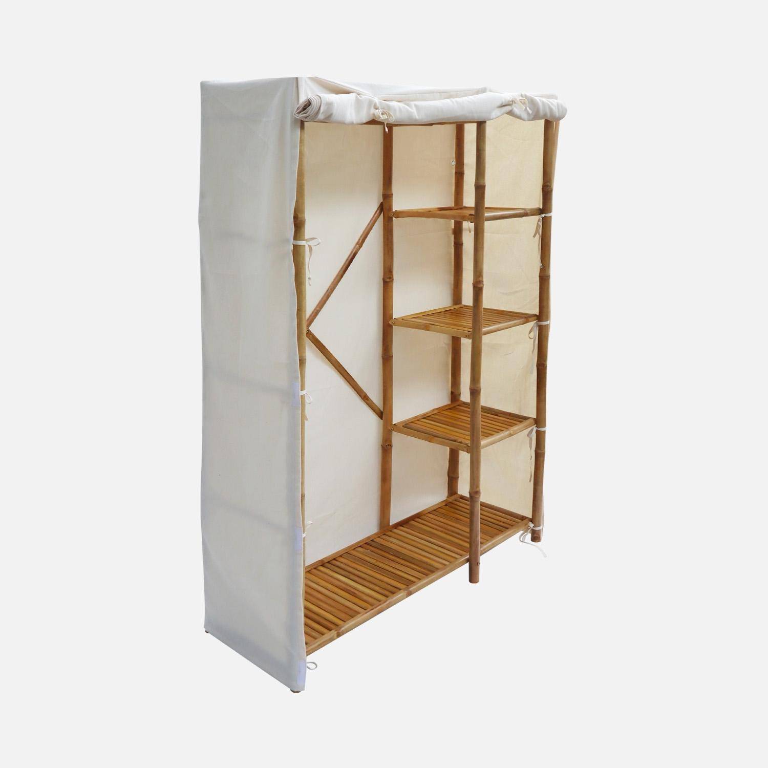 HOMCOM Kledingkast van bamboe, opbergkast met 2 schuifdeuren, open planken en stang voor de slaapkamer, 145 x 35 x 165 cm, natuurlijke houten afwerking